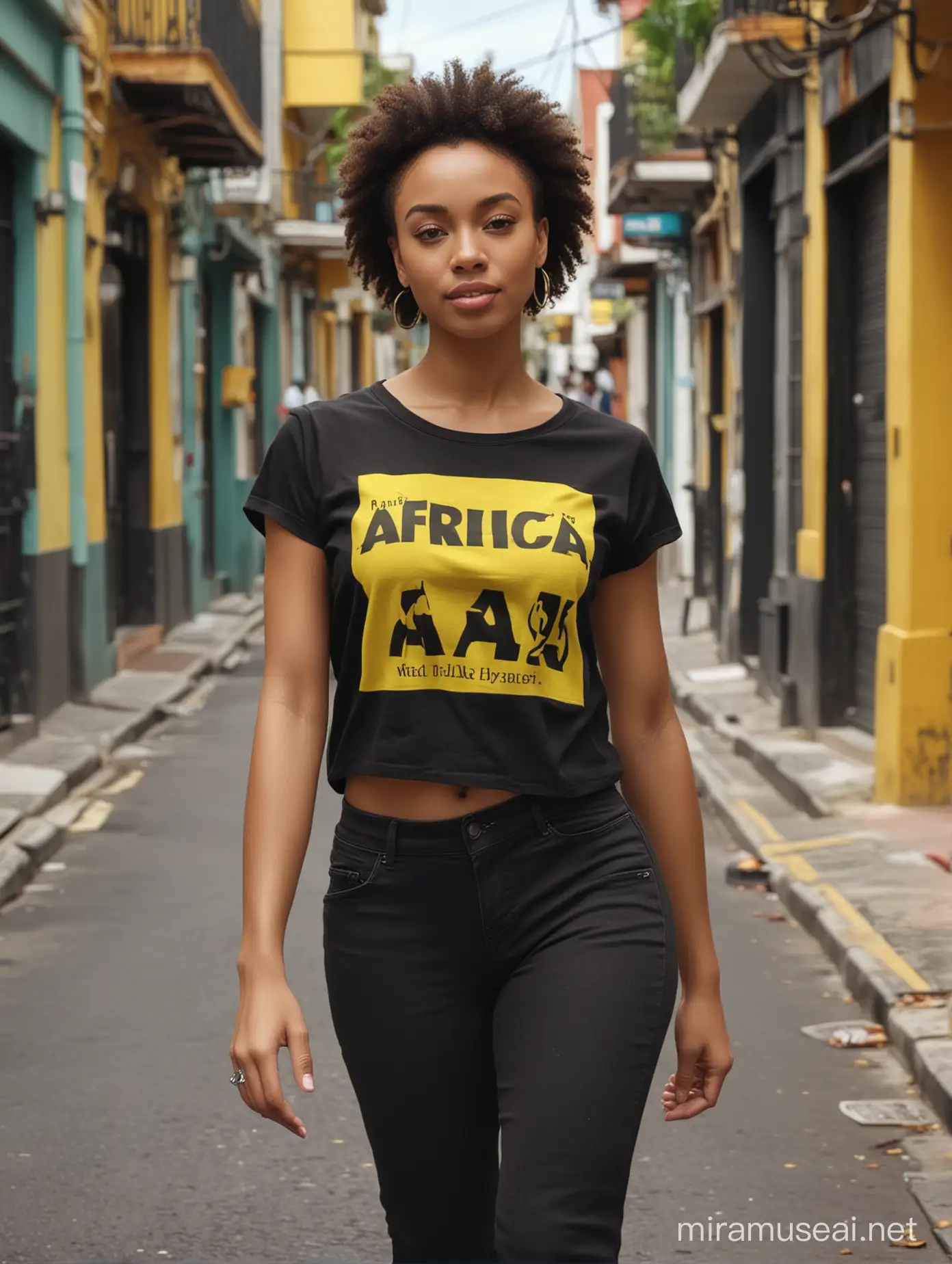 A hyperreal, 8k quality, very beautiful african american woman mixed race wearing a a casual black tee-shirt written in yellow "AFRICANA TV CARAÏBES" and a black pant, walking, carribean street backgound candid celebrity shots, uhd image, body extensions, natural beauty --ar 69:128 --s 750 --v 5. 2