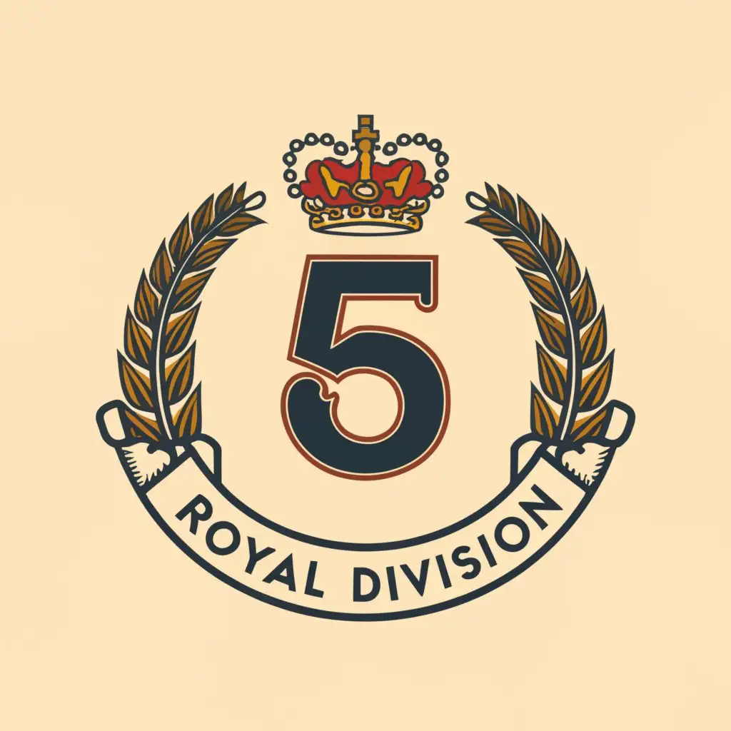 a logo design,with the text '5', main symbol:regiment emblem, text: royal division, feathers, crown, circular, historic, british colors,Minimalistic,clear background