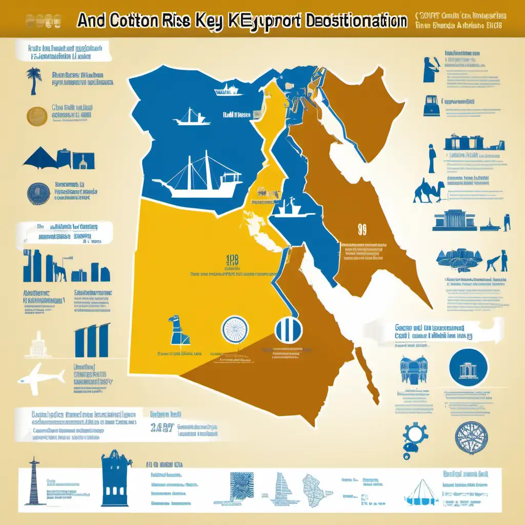 Create a detailed infographic illustrating Egypt's rise as a prominent manufacturing destination for UK brands. Include icons and charts depicting growth in foreign investment, a map highlighting Egypt's strategic location connecting Europe, Africa, and the Middle East, and a comparison of cost-effectiveness between Egypt and other manufacturing hubs. Use a palette of gold, blue, and white to represent the sand, Nile, and cotton (key export).