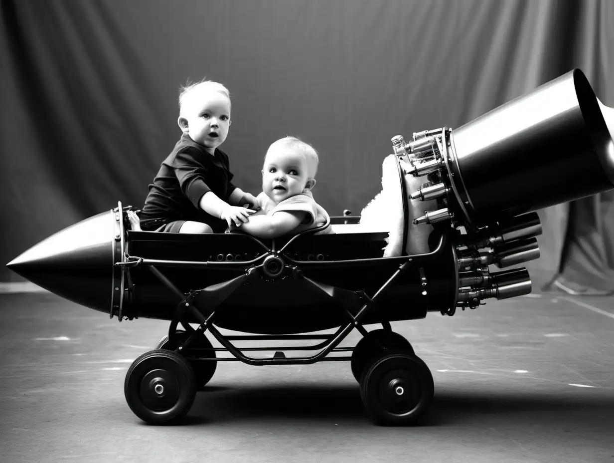 child in a baby carriage with jet engines