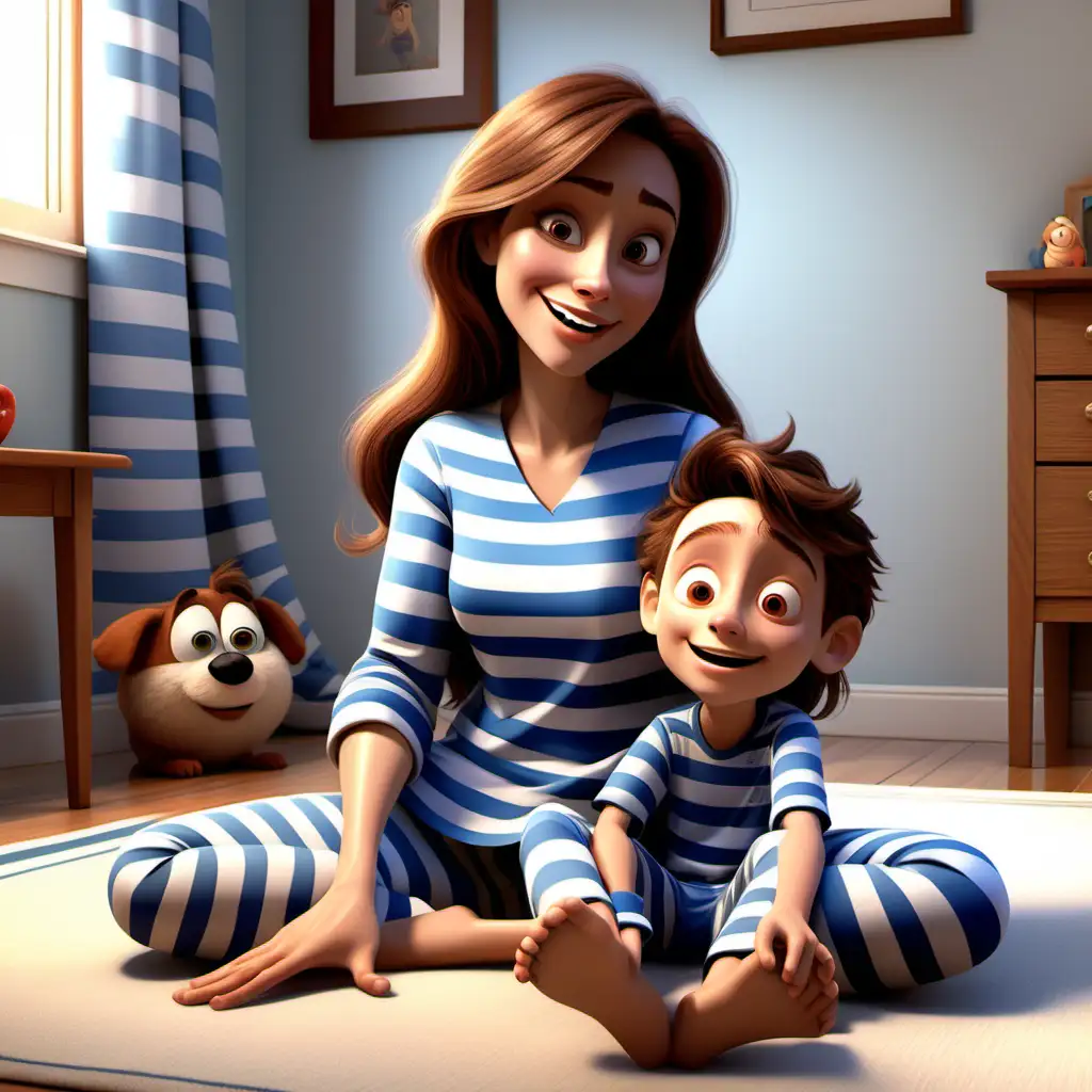 Disney pixar theme, children book illustration, 3D animation, mom with extra long brown hair and brown eyes, happily sitting on floor with son wearing blue striped pajamas