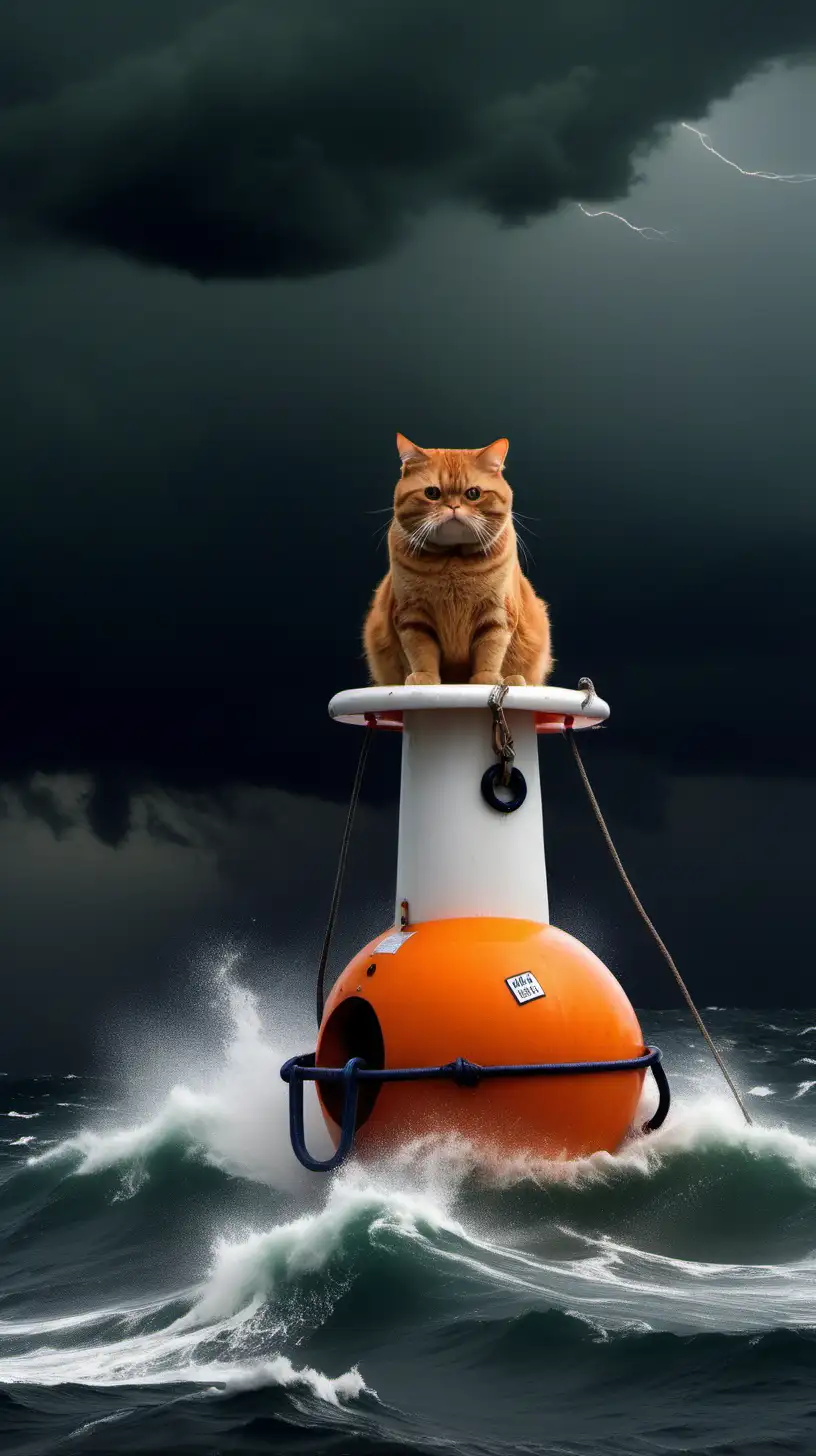 Chubby Orange Cat Riding Buoy in Stormy Sea Amidst Lightning and Dark Clouds