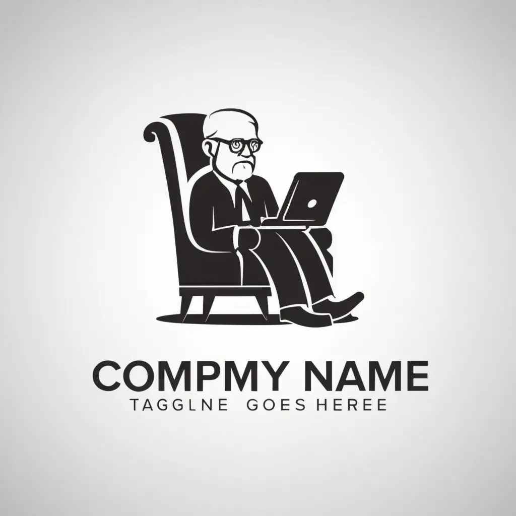 a logo design,with the text "logo", main symbol:Grandpa sitting in an armchair with a laptop in his hands, dressed in a black suit, gray beard, black suit,Moderate,be used in Technology industry,clear background