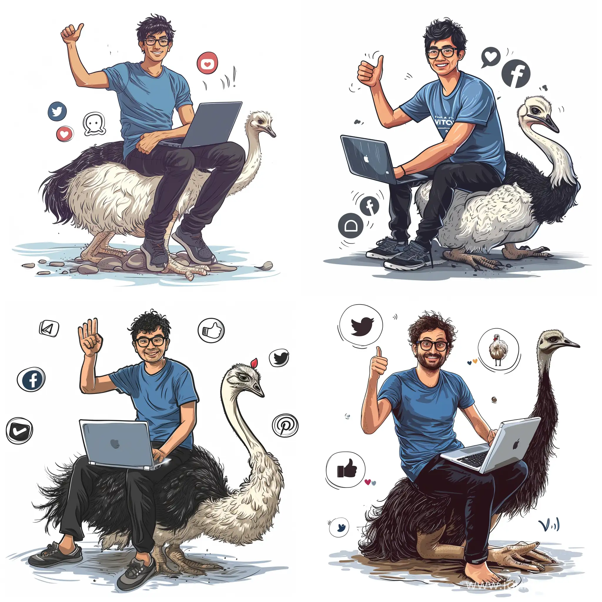 A 25-year-old man wearing glasses, blue T-shirt and black pants, in front of a laptop.  He appears to be a programmer, waving with a thumbs up looking at the camera, sitting on an ostrich with its head hidden under the ground,and there are social media icons around. Victor sketch drawing illustrator style on white background. 