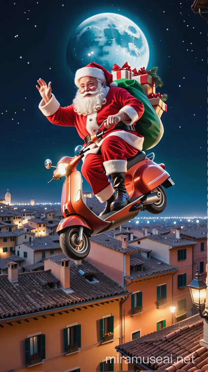 Santa flying on a scooter over italian rooftops. its night time.