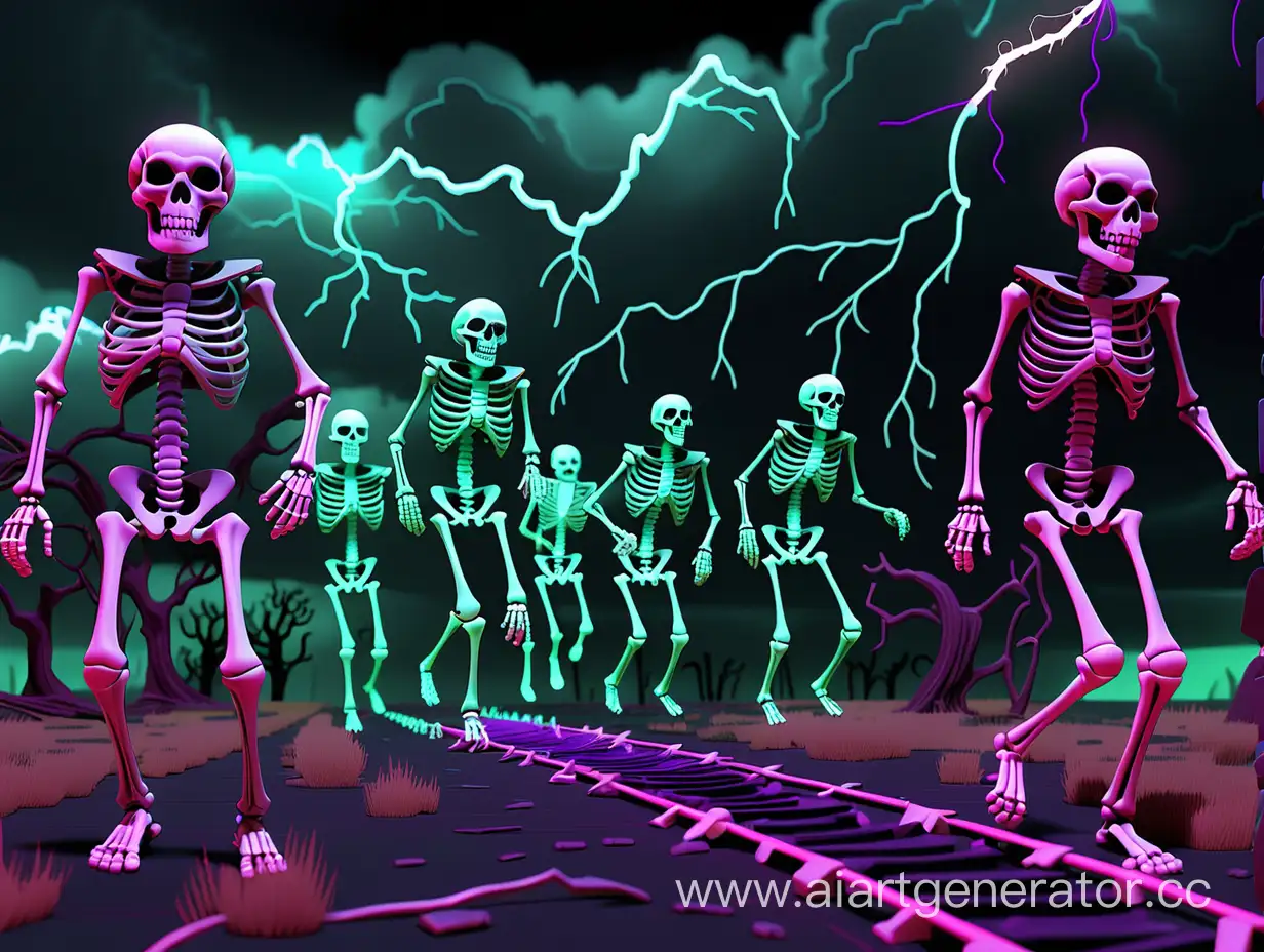 Компьютерная неоновая игра, где много скелетов убегают от грозы, которая надвигается слева
