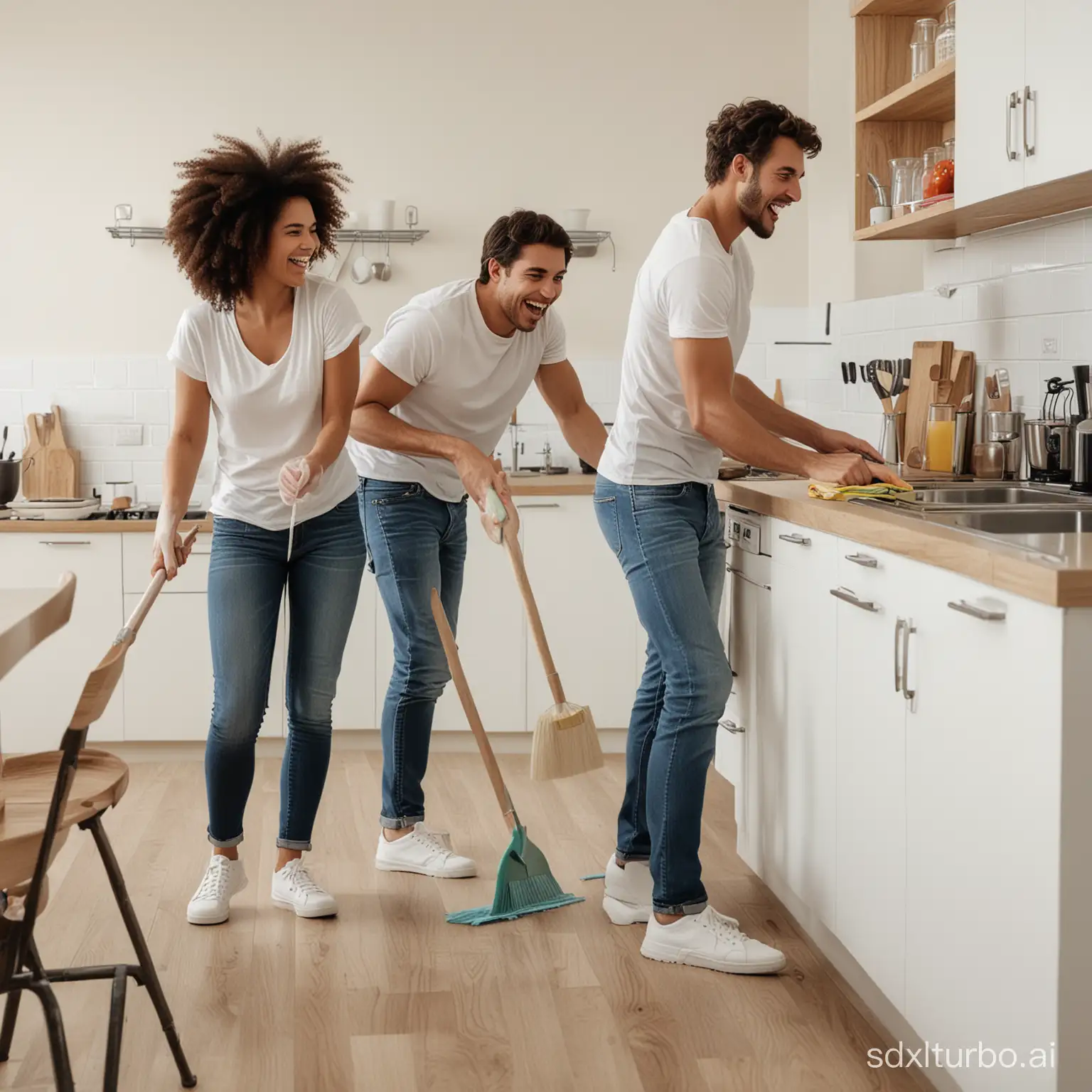 A couple happily cleaning the kitchen