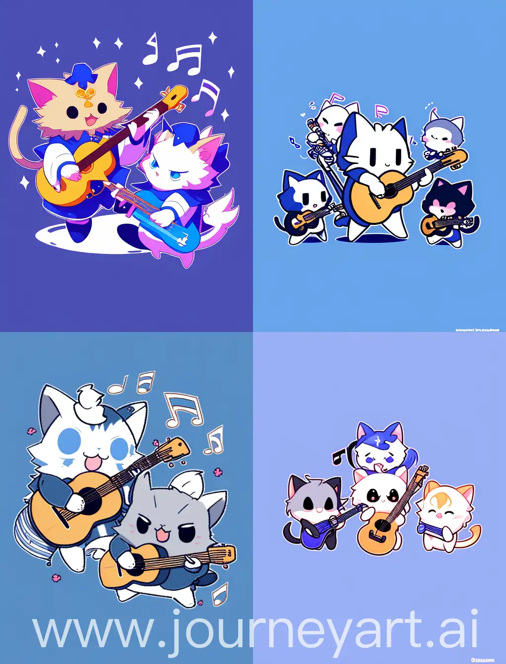 chibi cats playing guitar, with blue solid background, strong lines