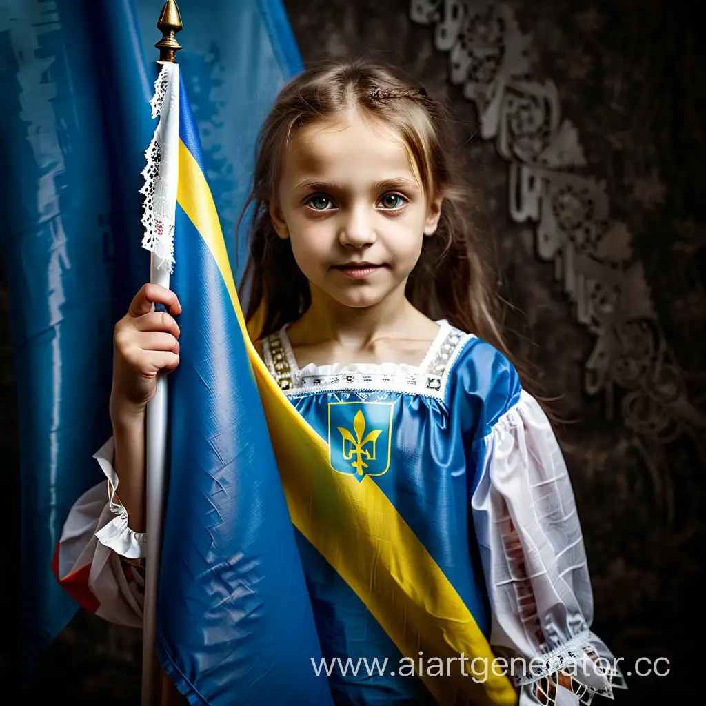 8 year old ukrainian girl holding the Ukrainian flag