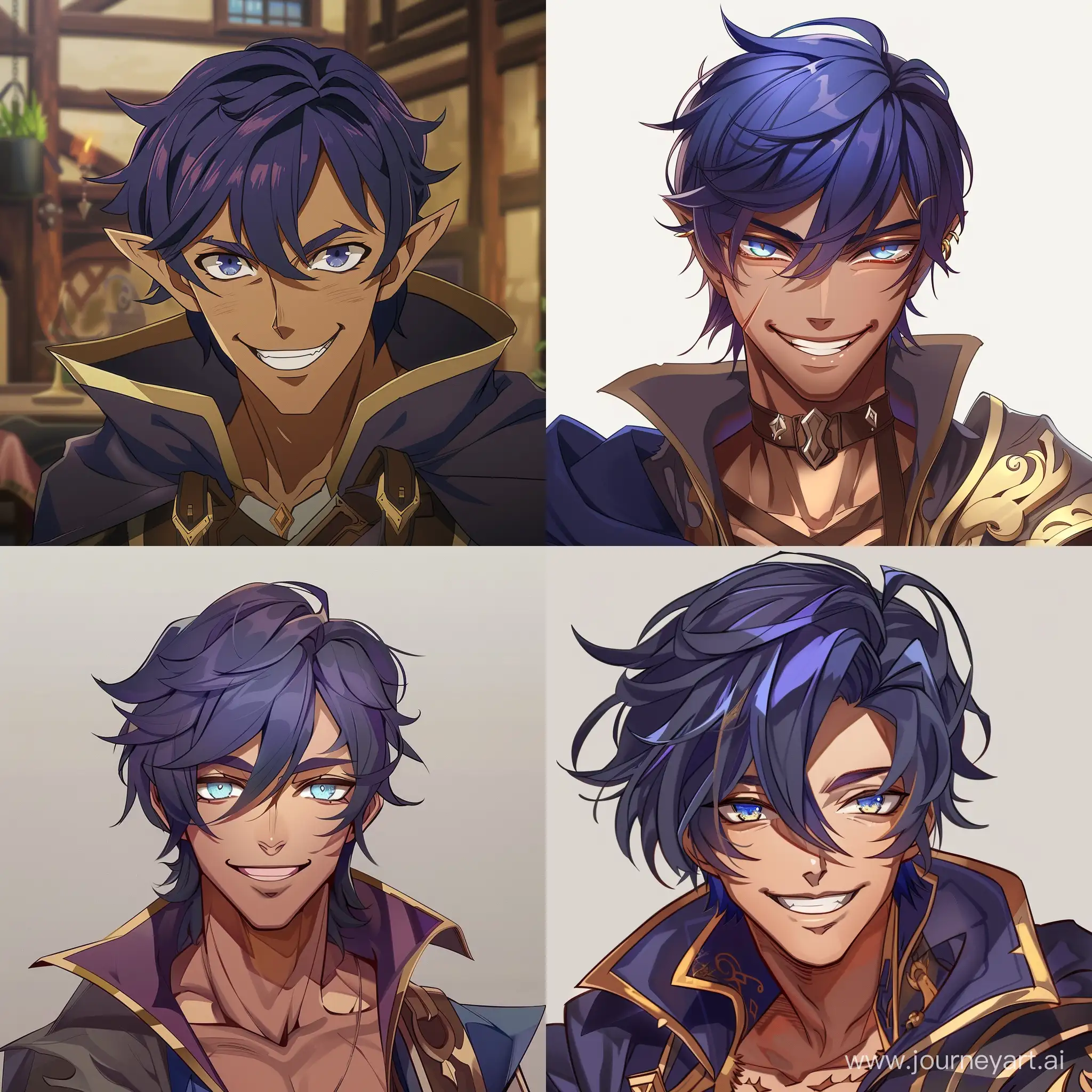 Male anime character, azure eyes, dark purple blueish hair, bronze skin, smug grin and sexy look in his eyes. He wears the outfit of a dark mage.