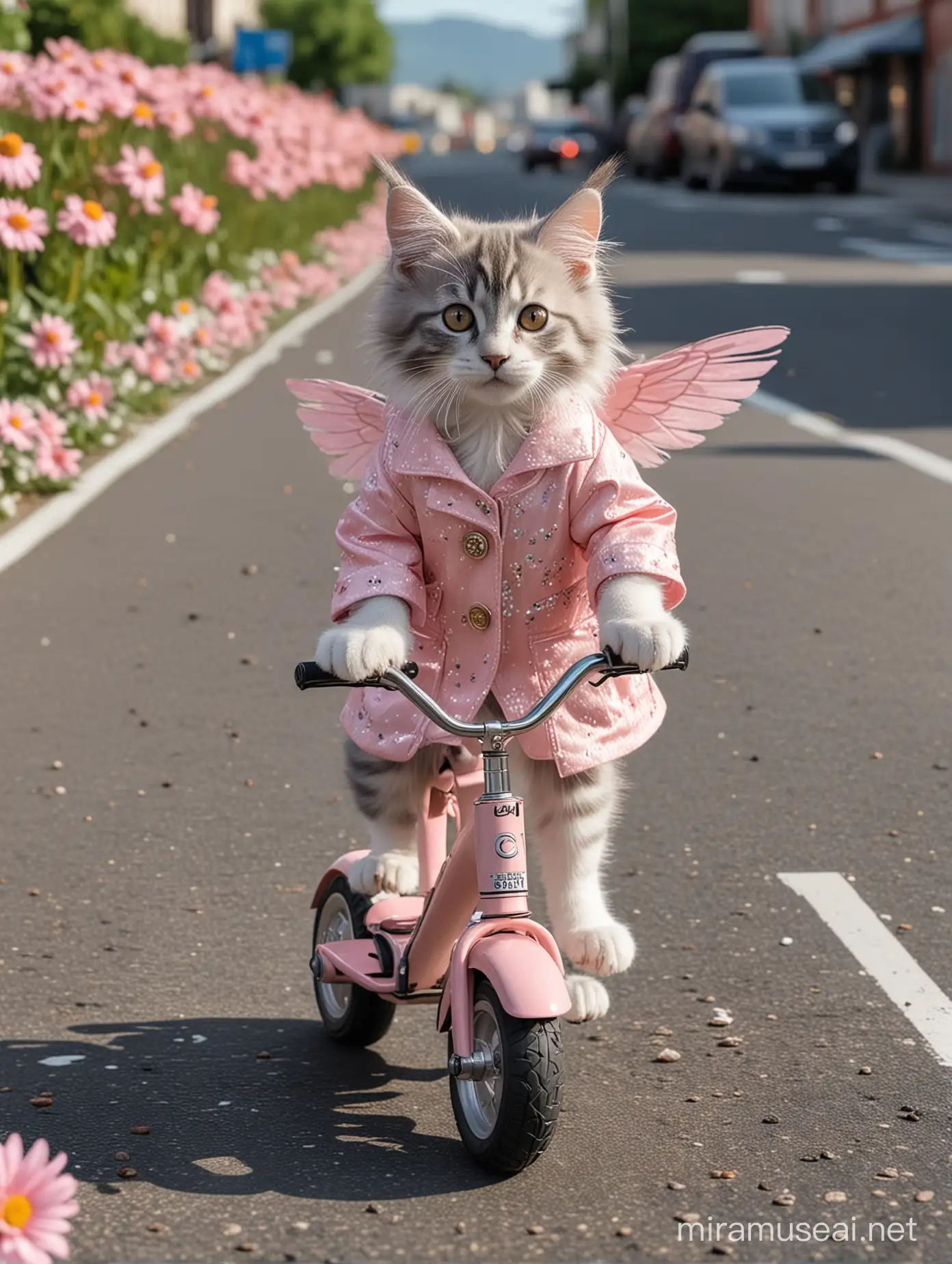 视图中,拟人化的可爱的灰白色缅因小猫咪的形象，精灵翅膀，马路上，走在班马线上，穿着香奈儿杏色套装，脚上穿着圆头玛丽简鞋，斜挂香奈儿小包，手拿一束粉色大丽花，骑电动自行车，城市较远背景，照片逼真，超细节，超细节，4k, 8k——ar 3:4——v 6.0
