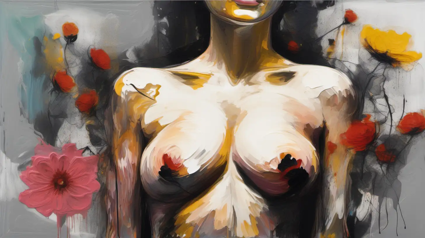 Abstract Expressionism image of a woman with perfect breast and flowers