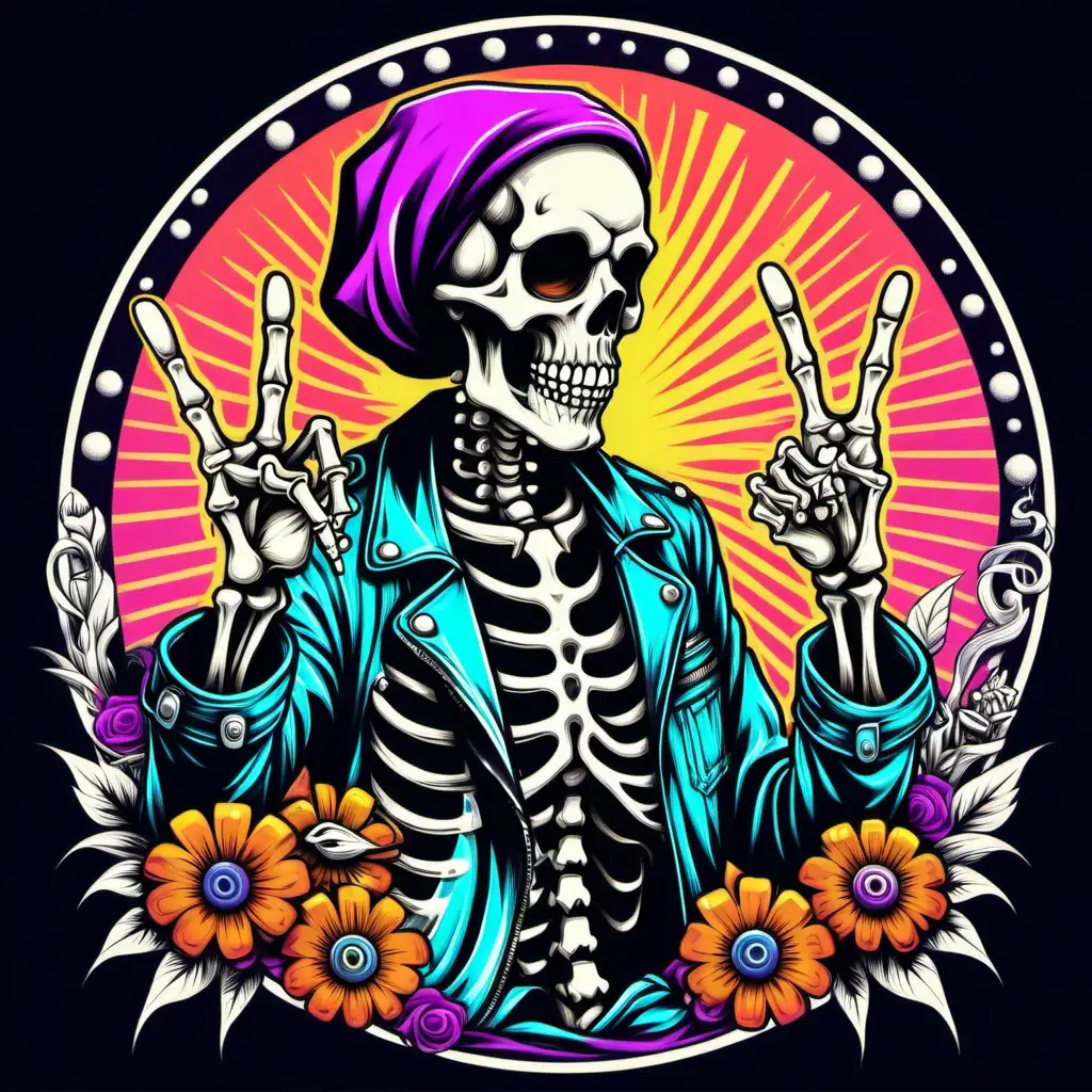 retro colors,biker style Skeleton doing the peace two finger sign with his hand,  add flowers, and psychedelic patterns. tshirt design vector, white background v
5.1 raw 