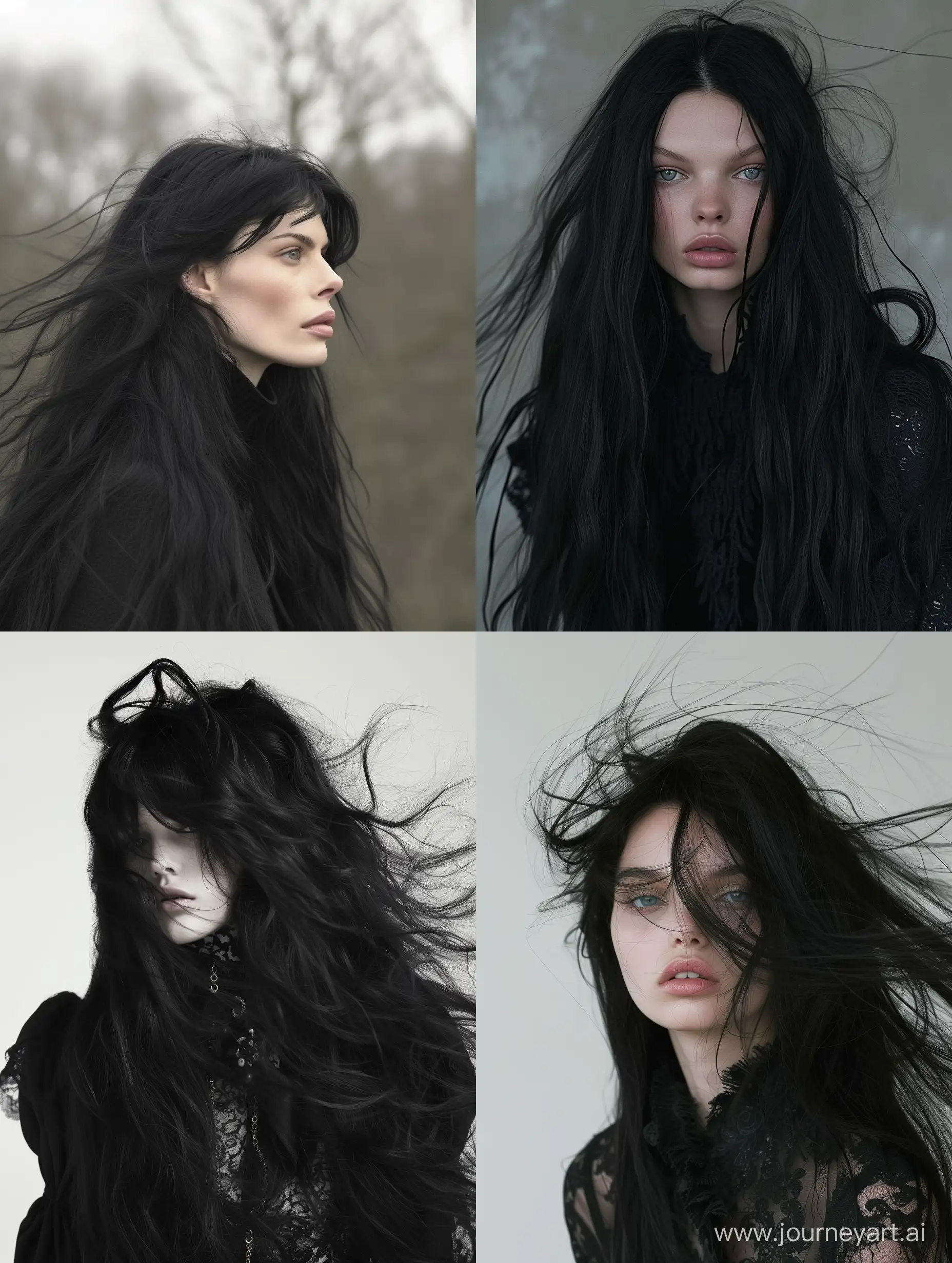 a woman with long black hair, a photo in the style of Tim Walker