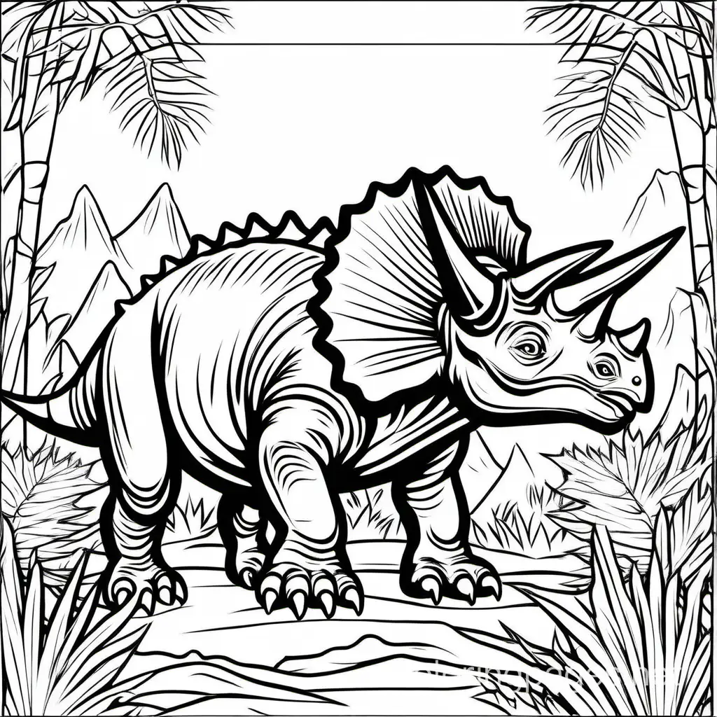 Triceratops dinosaur, prehistoric background line drawn black and white, Coloring Page, black and white, line art, white background, Simplicity, Ample White Space. The background of the coloring page is plain white to make it easy for young children to color within the lines. The outlines of all the subjects are easy to distinguish, making it simple for kids to color without too much difficulty