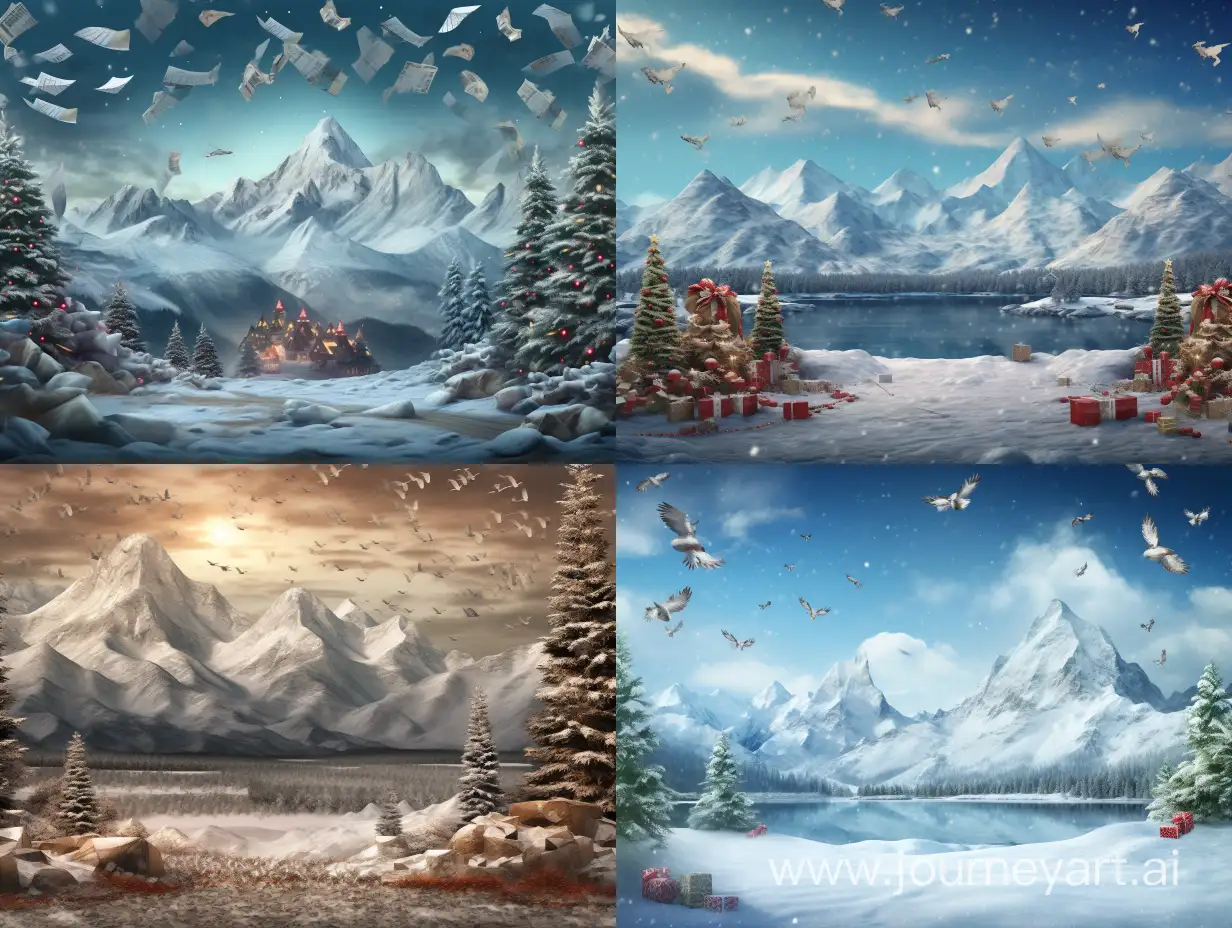Пейзаж со снежными горами, летающими деньгами и новогодними украшениями с расширением 16:9