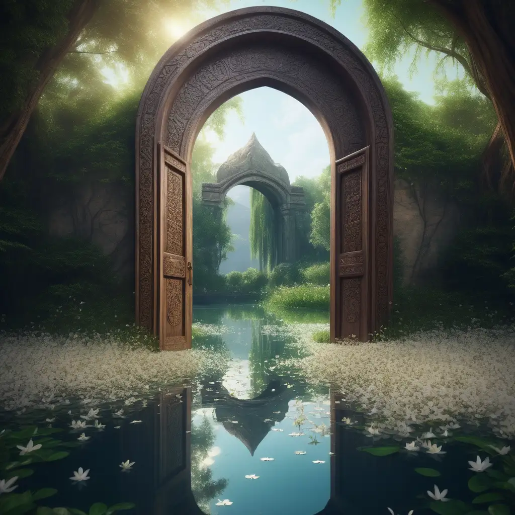 
 there is a far away mystical place where the Jasmine flowers grow gracefully around the crystal lake ,there is a pathway through an archway with ancient tall carved wooden arched doors that open where an ancient oval mirror stands , the mirror has mystical symbols around it's edge