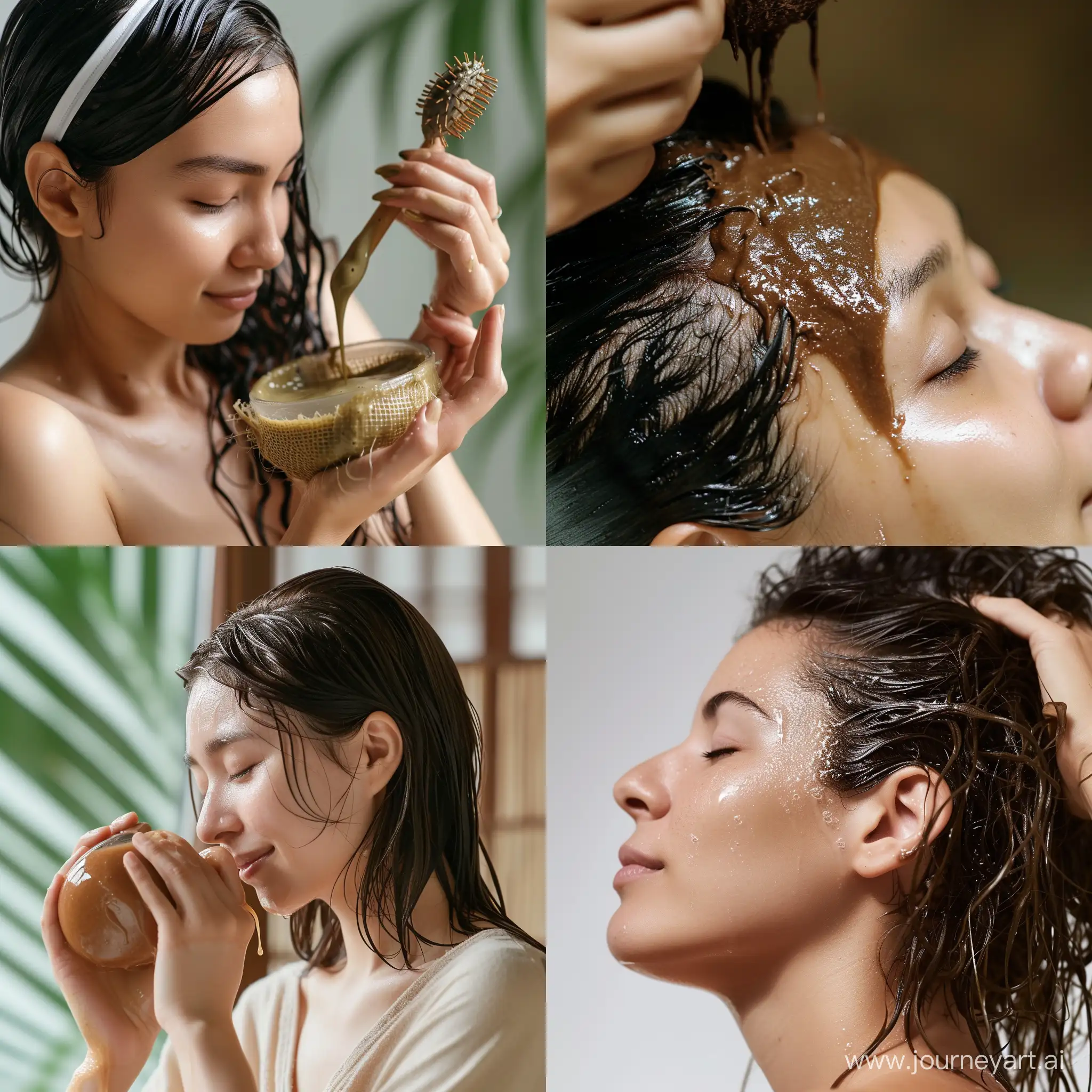 Real and natural photo of a woman using masa tea as shampoo. All details are accurate and complete