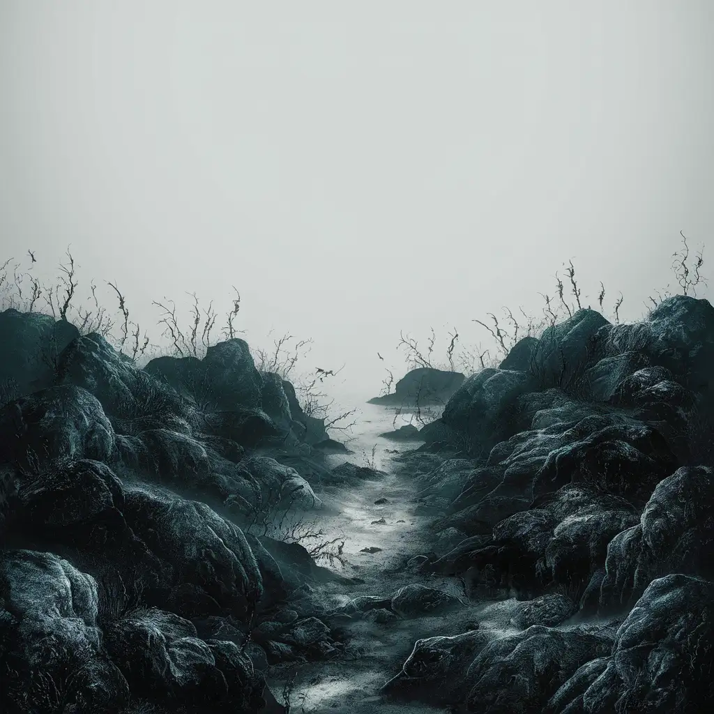 "A simple, eerie underwater scene with a stark white background, designed to evoke a sense of fear and mystery. The scene is set in deep ocean waters, but the rocky seabed and indistinct shapes of marine creatures are highlighted against the white background. These shadowy figures suggest a hidden, ominous presence. The water is clear yet gives a sense of murkiness, with sparse patches of seaweed drifting gently. The overall atmosphere remains haunting and isolative, capturing the terrifying vastness and unknown depths of the ocean.

Simple image middle
