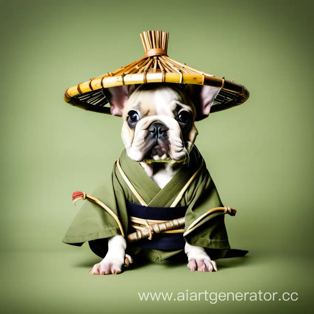 Adorable-Puppy-French-Bulldog-Samurai-Wearing-Bamboo-Hat