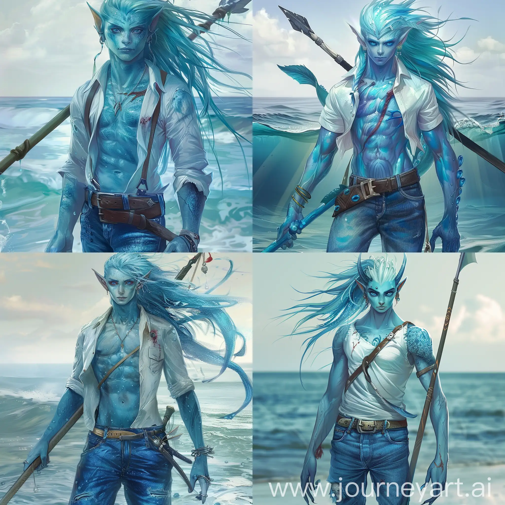 An seaelf with an very striking appearance, with skin in light blue color. Hair and eye color blue and he has combined long hair. His eyes are a beautiful almond shape and he has an chinese touch. Hands and feet webbed and has boast a set of gills that runs along the collarbones and down the ribcages. He is carrying a spear on his back. He wears a Jeans with a belt and a white shirt and looks incredible handsome with a chinese style. He is standing in front of the ocean. He has a big scar on his chest.