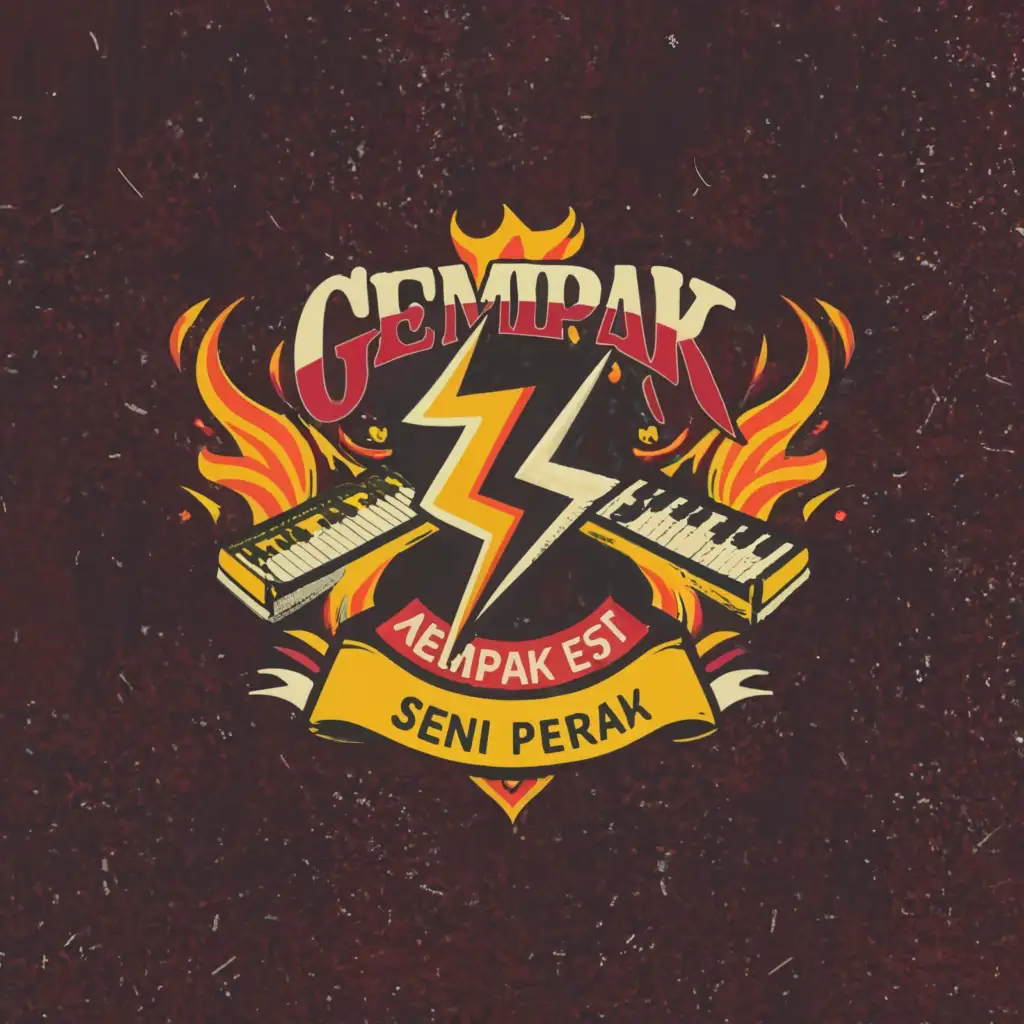 a logo design,with the text GEMPAK FEST @ SENI PERAK, main symbol:LIGHTNING,GUITAR METAL,KEYBOARD FIRE ,complex,be used in Events industry,clear background