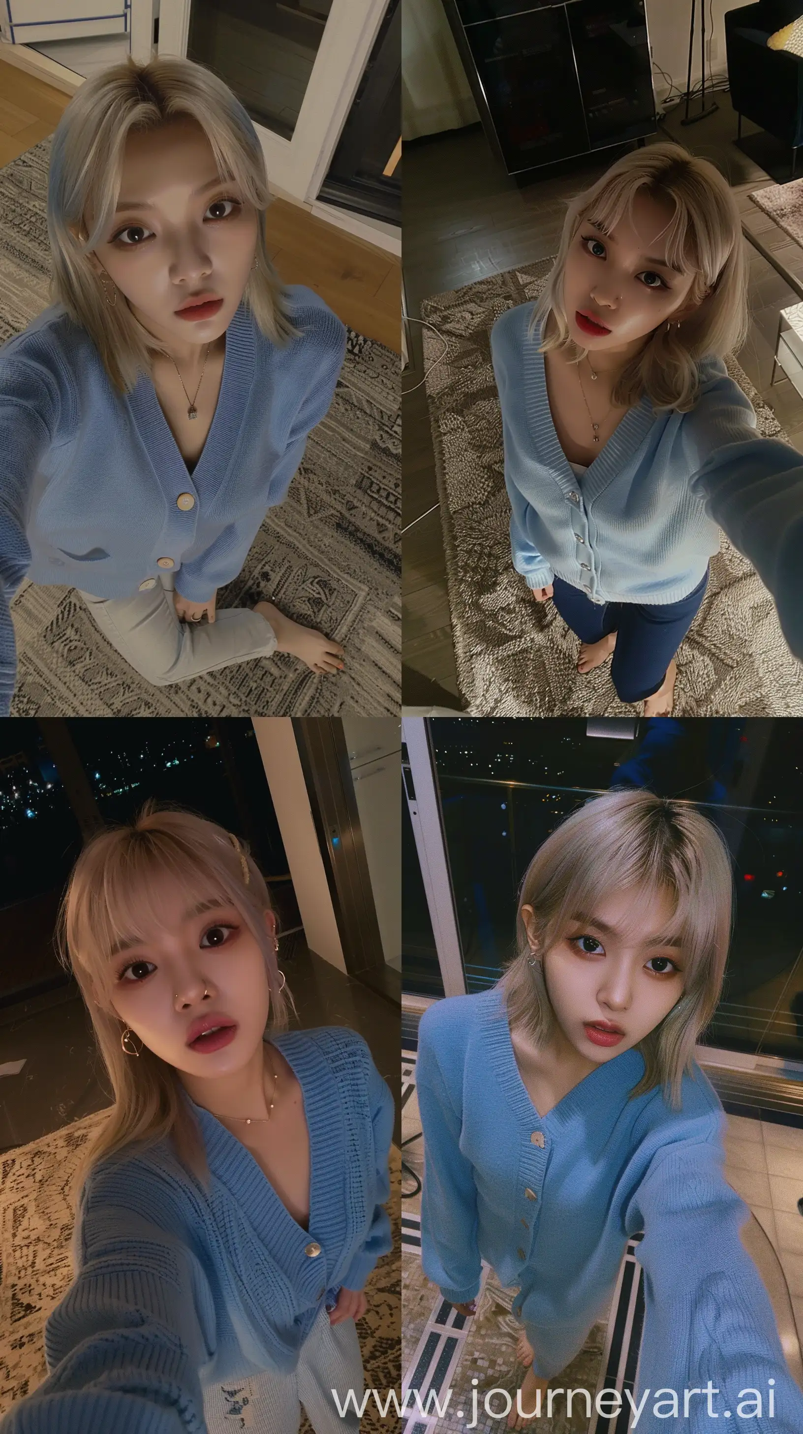 a selfie blackpink's jennie wearing soft blue cardigan, blonde wolfcut hair, wide set eyes, standing on the floor, night time --ar 9:16