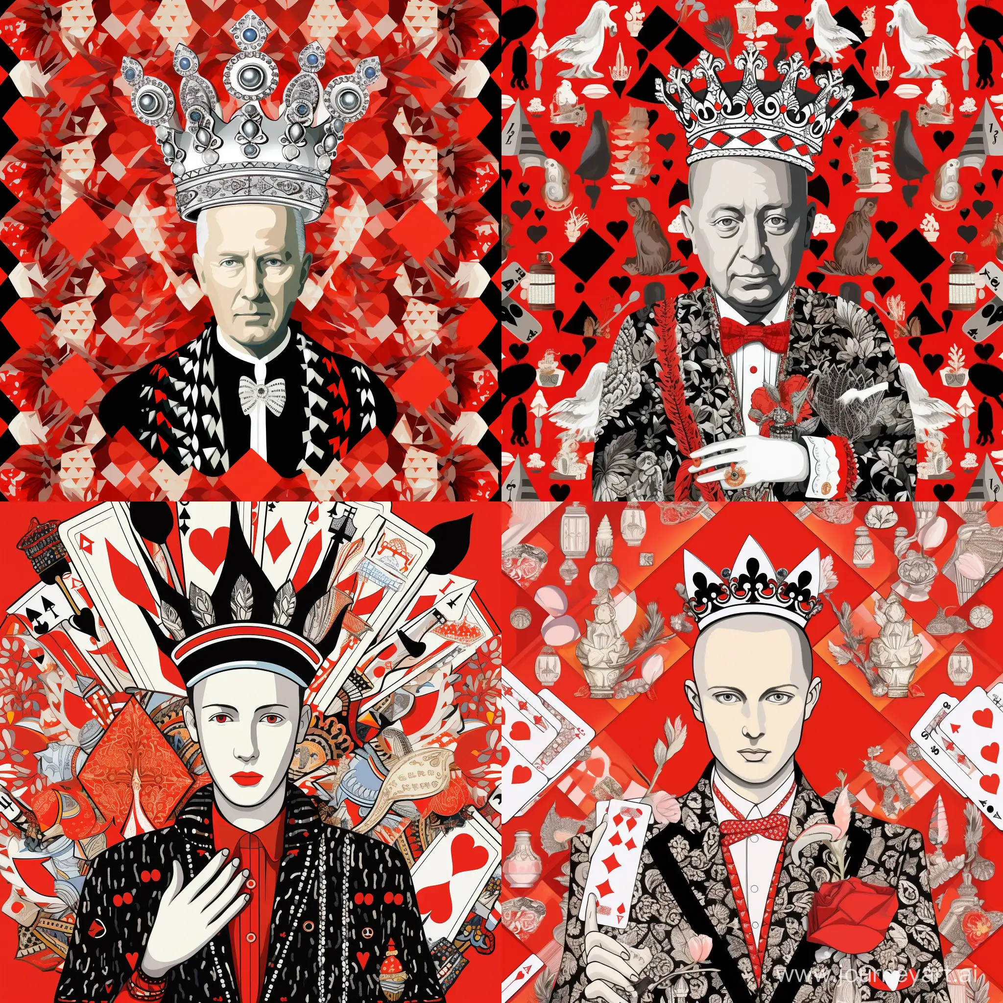 Portrait of Christian Dior with a crown on his head, many details, complex, on the background of a pattern of clubs, accessories from Dior, colors black, white, red, gray, cartoon, cartoon style, pop art style, fashion illustration style