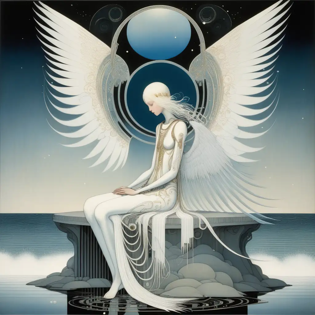 futuristic painting in kay nielsen style of an angel sitting by ocean.