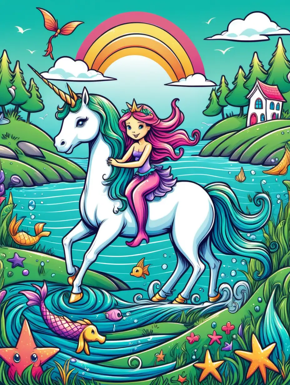 /imagine kids illustration, fairy riding a unicorn on grass next to the ocean with a mermaid in the water, cartoon style, thick lines, low detail, vivid color - - ar 85:110