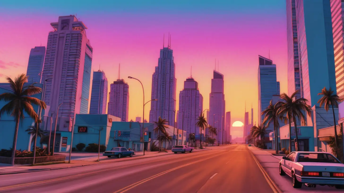 vice city aesthetic, city skyline, golden hour, looking down a road