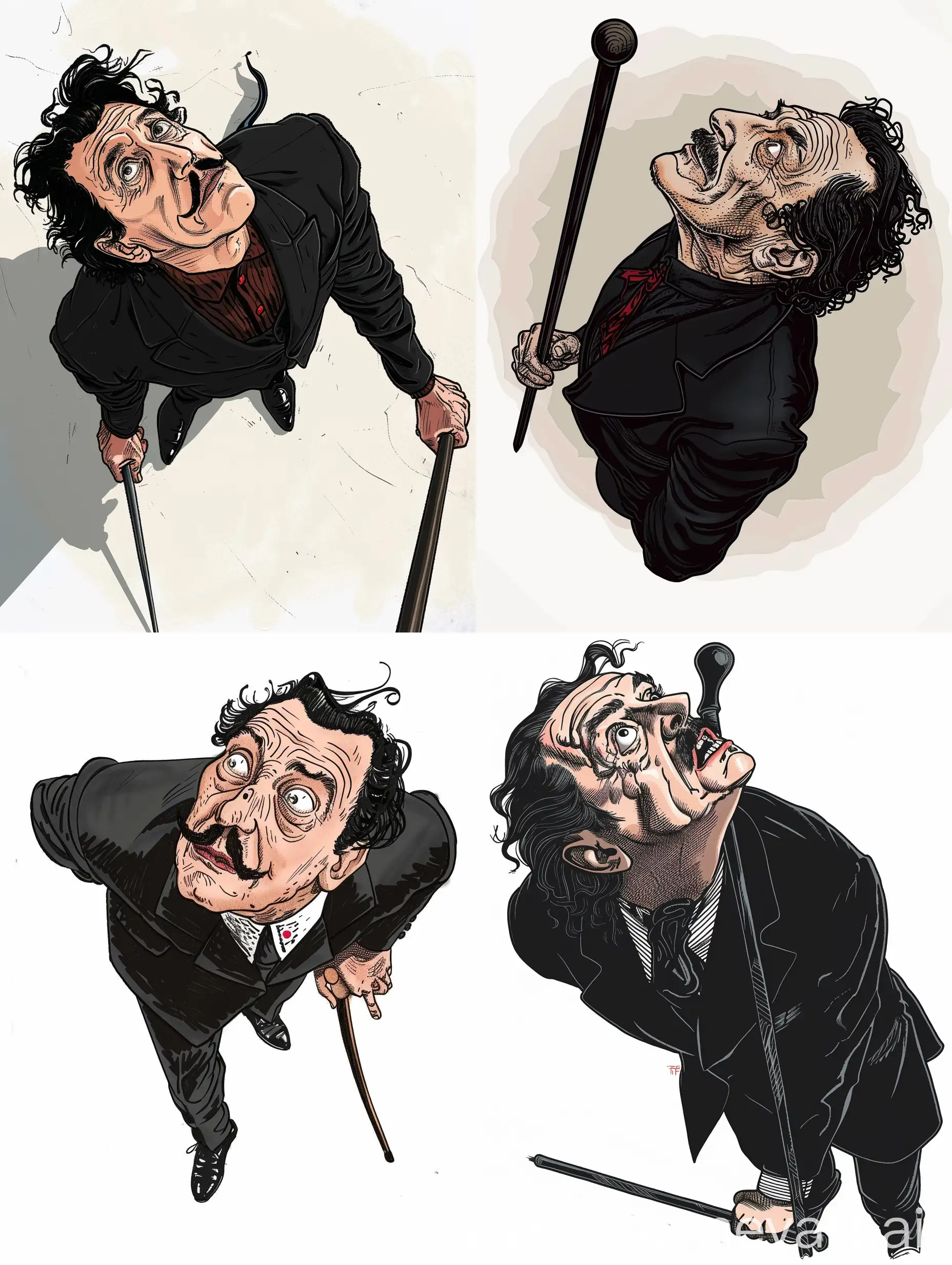 The artist Salvador Dali looks up, leans with one hand on a cane, cartoon styles, colors black, with small red accents, top view, ink, Herluf Bidstrup style