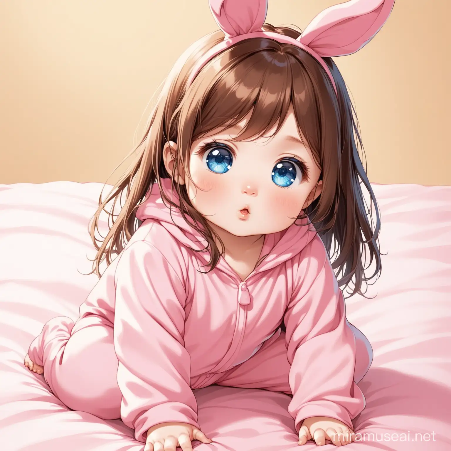 Cute baby girl with blue eyes, messy long brown hair wearing a pink bunny onsie.