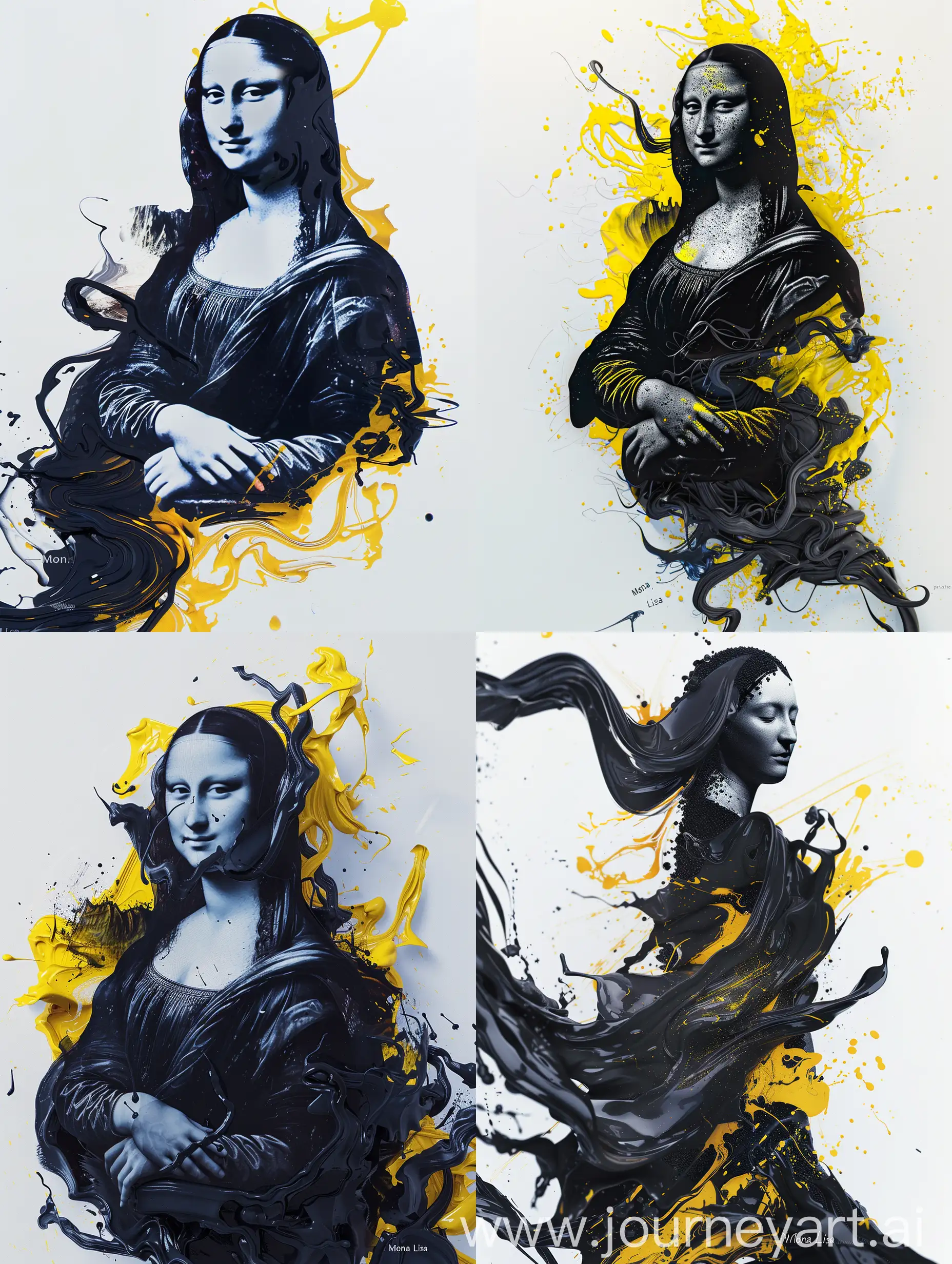"A captivating digital “Mona Lisa” artwork featuring the silhouette of a woman molded by a black liquid goo that unfurls against a pristine white background, accompanied by a mesmerizing splash of yellow paint. The composition displays a surreal contrast between the fluid movement of the black goo and the vibrant yellow tones, evoking beauty and mystery. The addition of the black fluid goo adds depth to the piece, while the unstirred paint and programmable black goo introduce elements of unpredictability and futurism. Azo yellow details enrich the color palette, resulting in a dynamic atmosphere and "A compelling visual experience. "The unique combination of colors, textures and movements of the artwork captivates the viewer and offers an unforgettable visual journey."