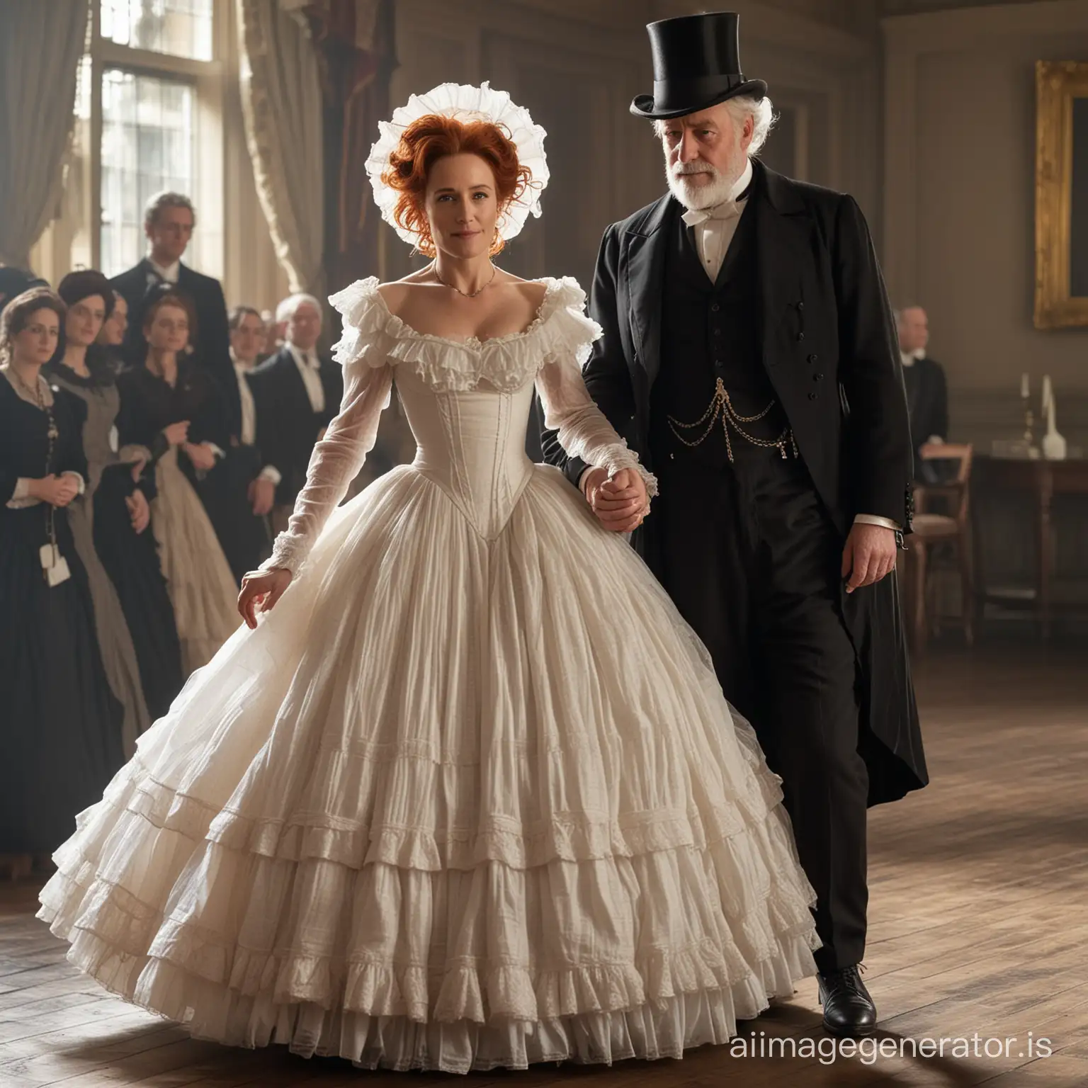 red hair Gillian Anderson wearing a dark brown floor-length loose billowing 1860 victorian crinoline poofy dress with a frilly bonnet dancing with an old man dressed into a black victorian suit who seems to be her newlywed husband
