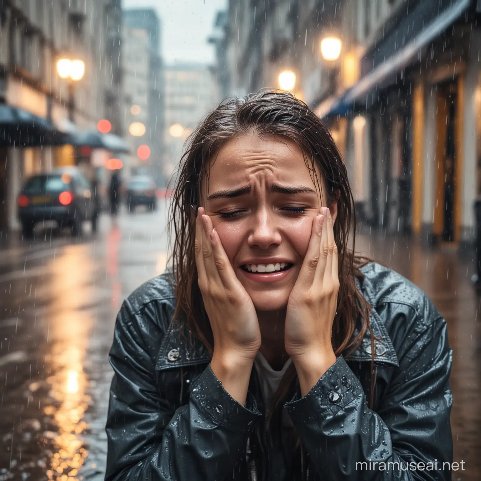 Emotional Young Woman in Rainy Urban Street Scene