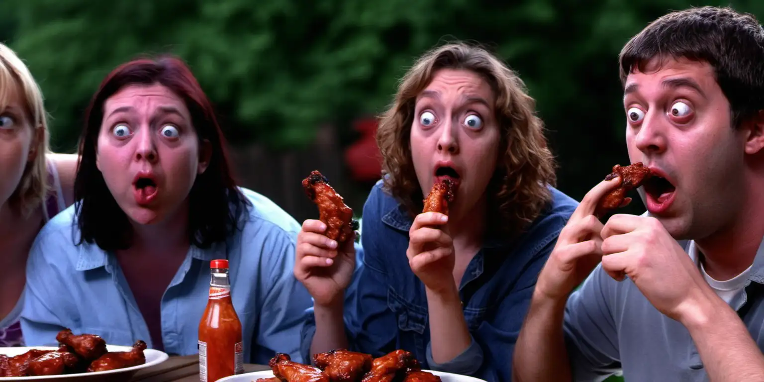 people looking really confused at a barbecue eating chicken wings, cross eyed, comedy, disgusting, poeple being sick