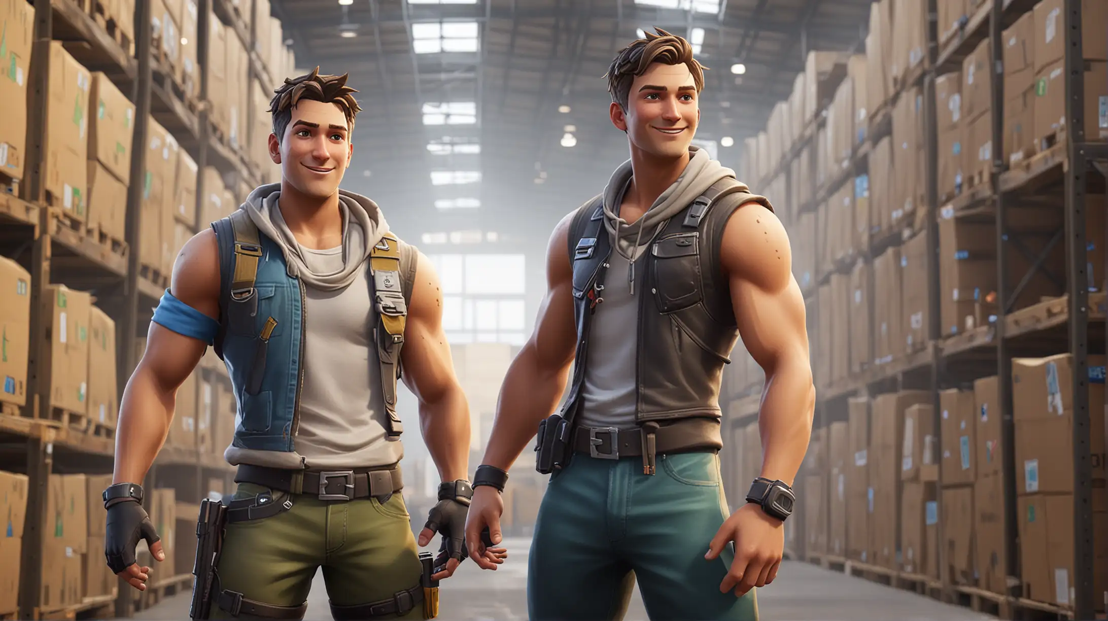 There are two colorful male Fortnite characters,
the location is inside a warehouse,
they are facing eachother,
they are smiling,
Caucasian
