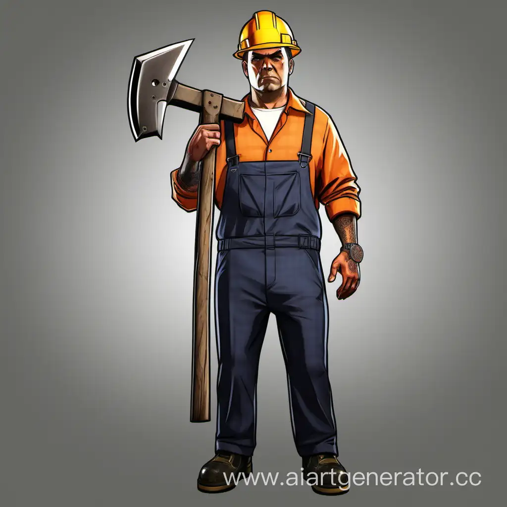 Персонаж из ГТА 5 РП, с киркой в костюме шахтёра