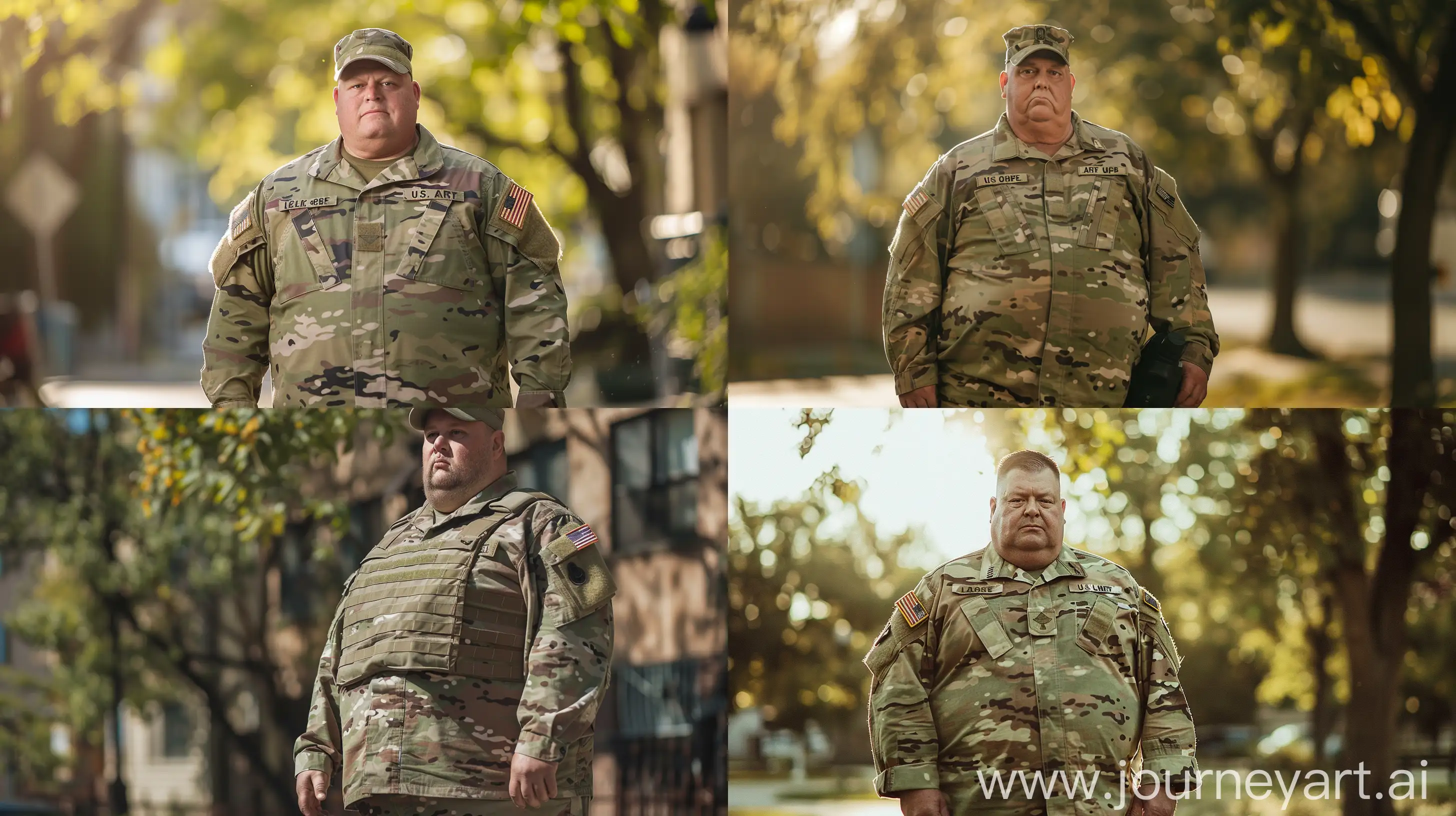 Full body photo of a fat man aged 60 wearing a complete us army combat national guard uniform. Outside. Natural light --style raw --ar 16:9