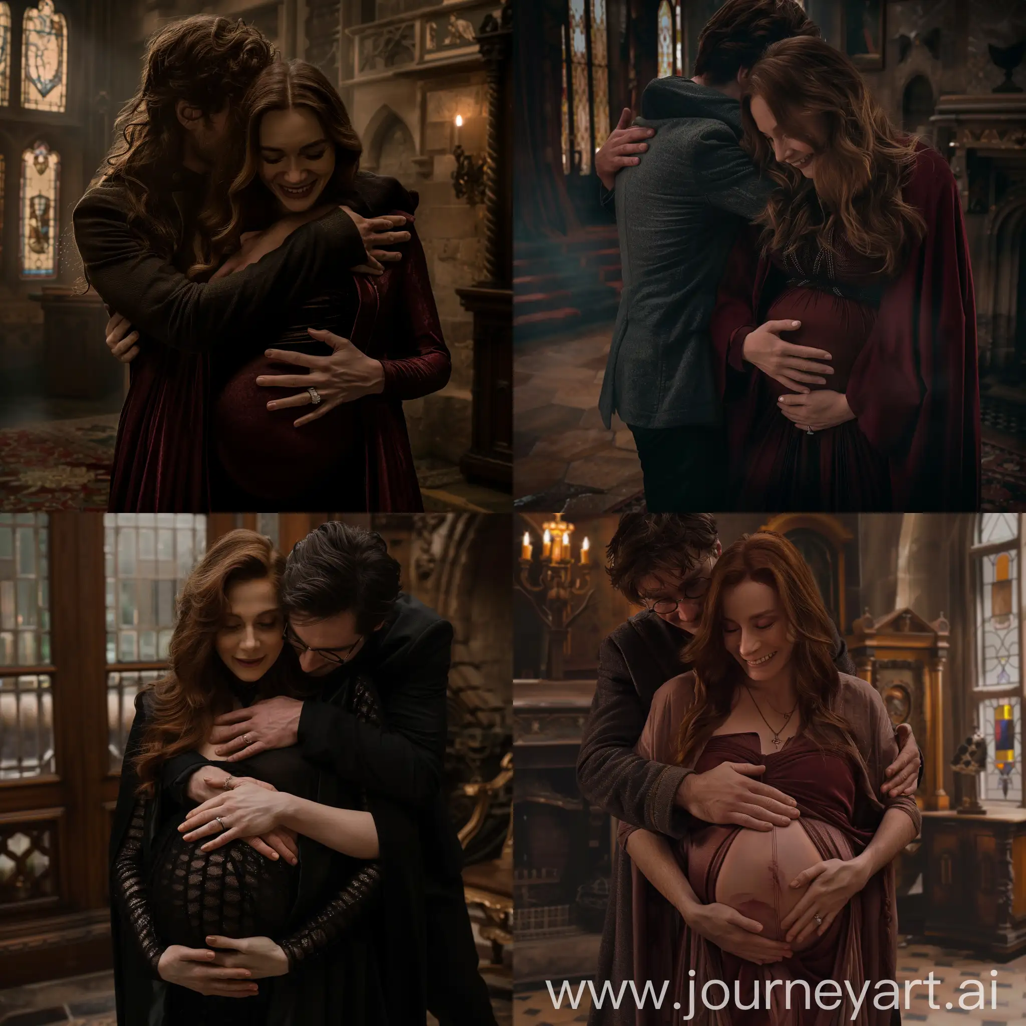Wanda Maximoff is pregnant, hands holding her belly, extremely happy expression, Harry Potter hugging her from behind, the scene takes place inside a mansion, extremely realistic, 8k