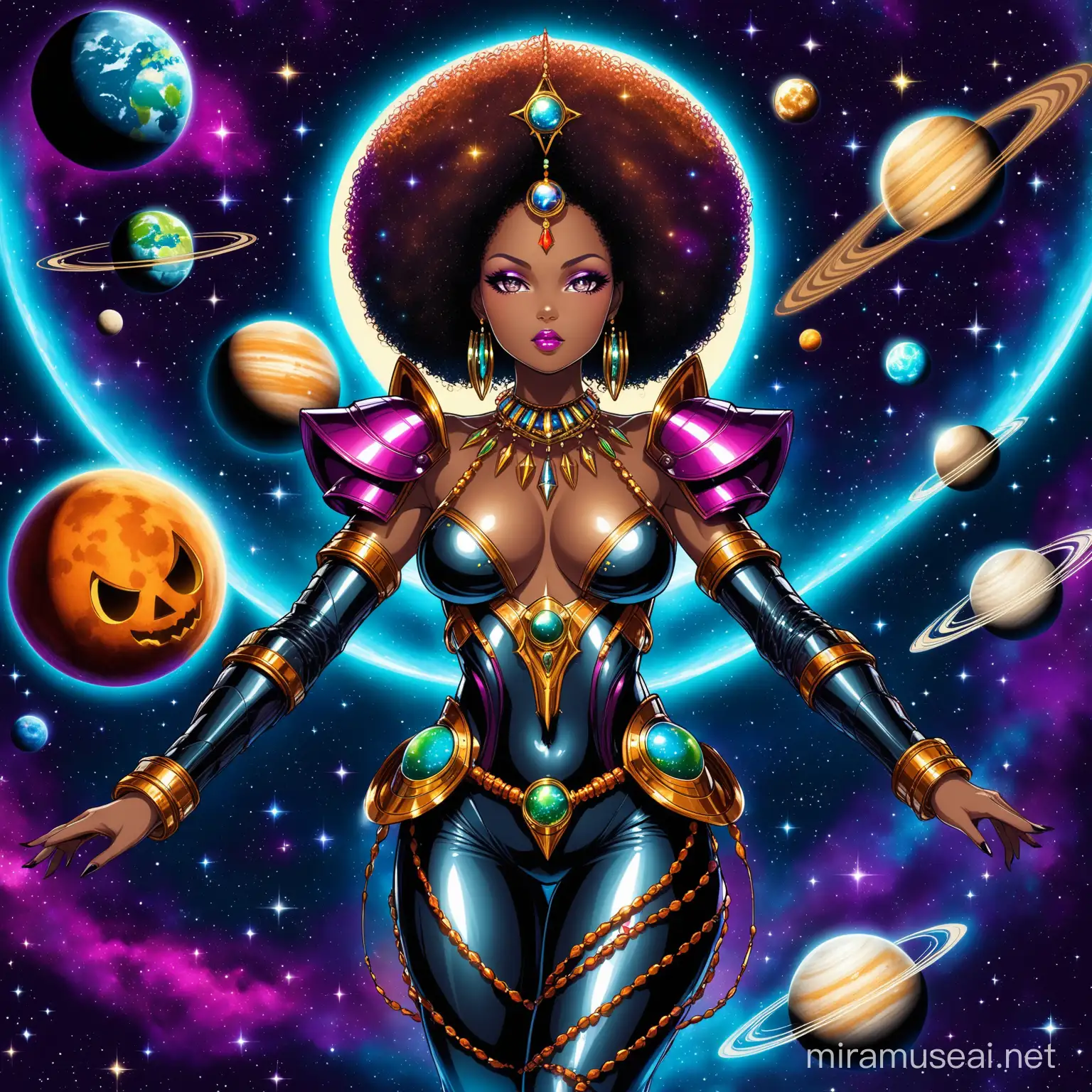 Cosmic Queen AfroFuturistic Lady adorned with African Jewelry in Spooky Halloween Atmosphere