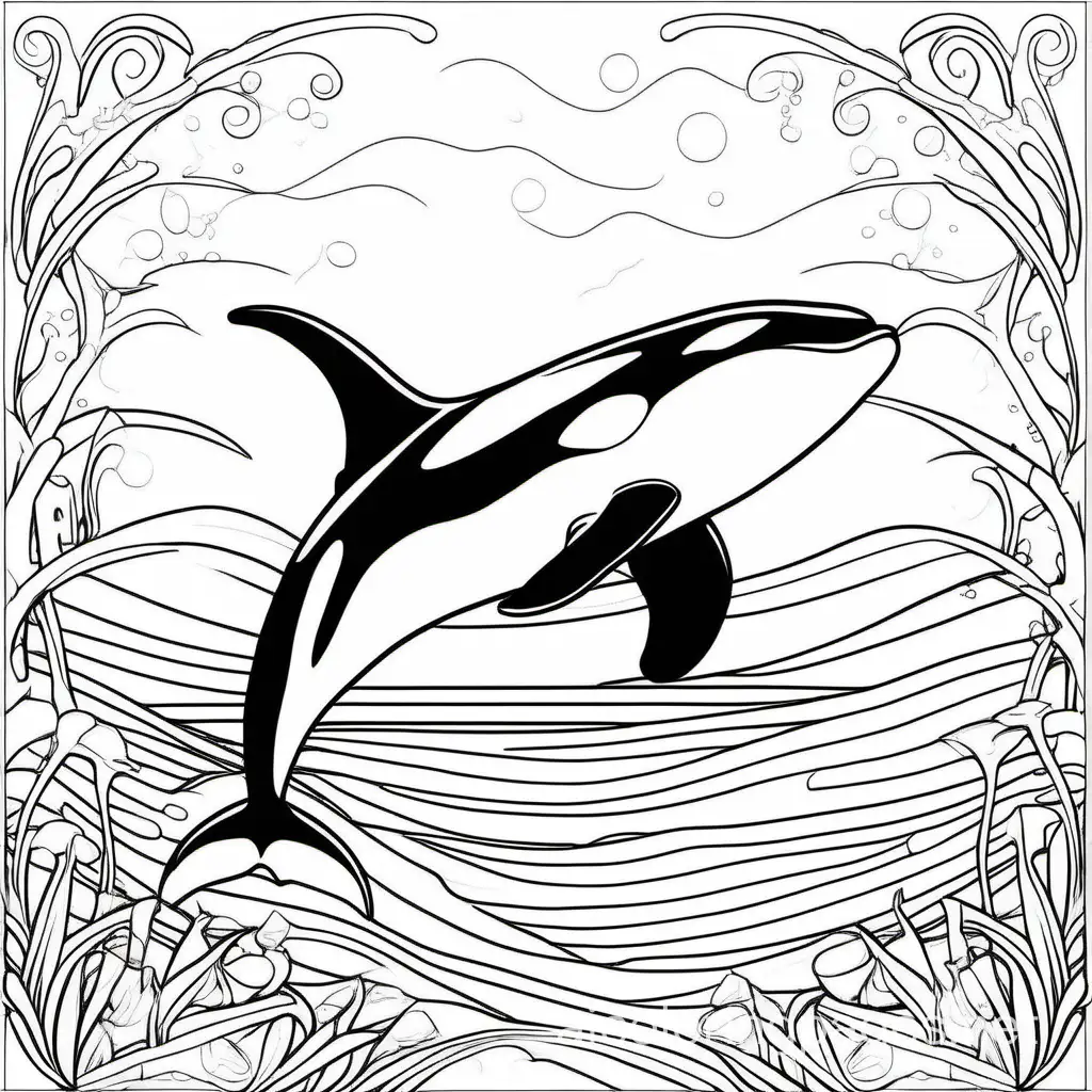 killerwhale, Coloring Page, black and white, line art, white background, Simplicity, Ample White Space. The background of the coloring page is plain white to make it easy for young children to color within the lines. The outlines of all the subjects are easy to distinguish, making it simple for kids to color without too much difficulty
