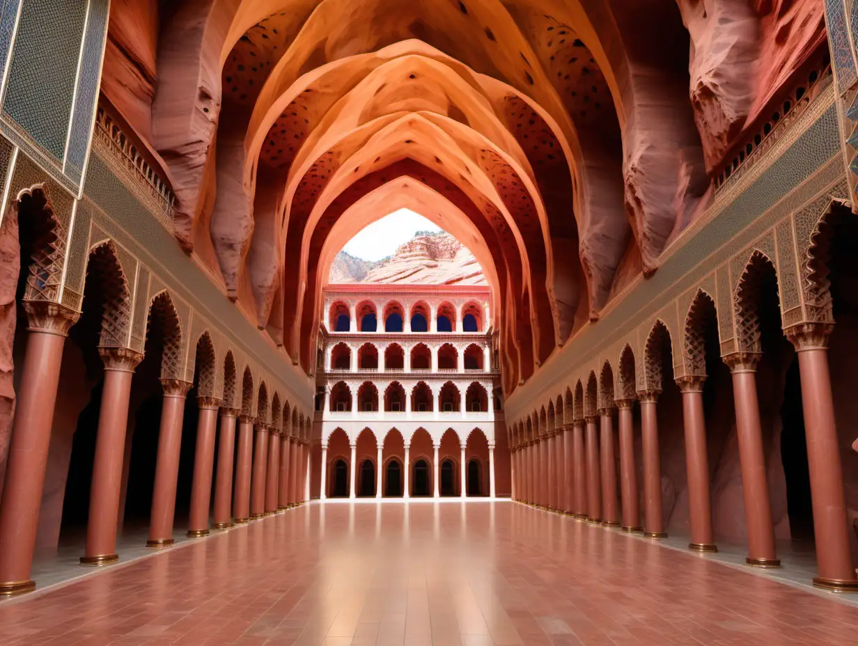 the great hall of a massive palace built into the face of huge red rock mountains. it has moorish architecture