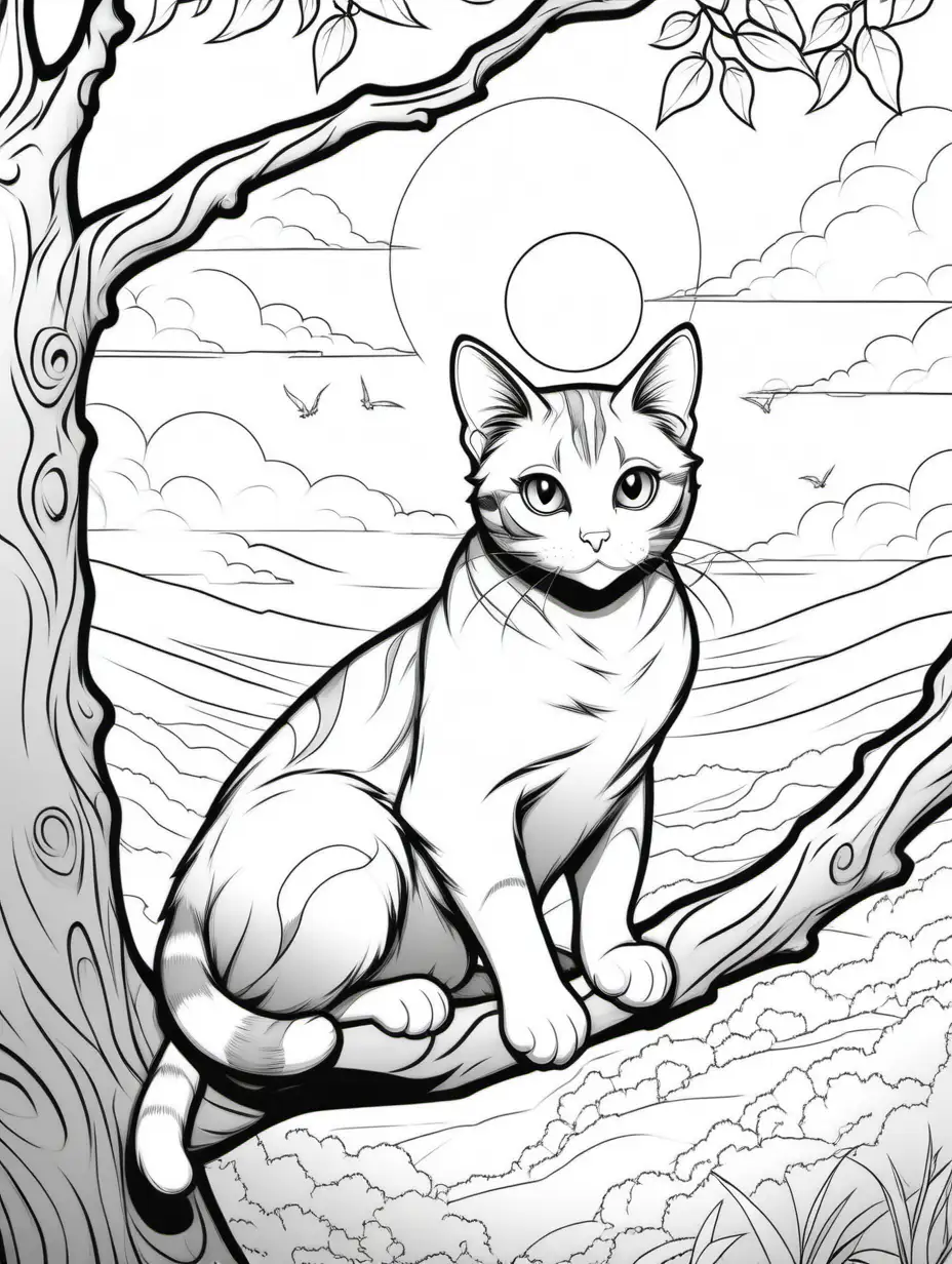 
colouring pages of A cat perched on a tree branch, observing a beautiful sunset