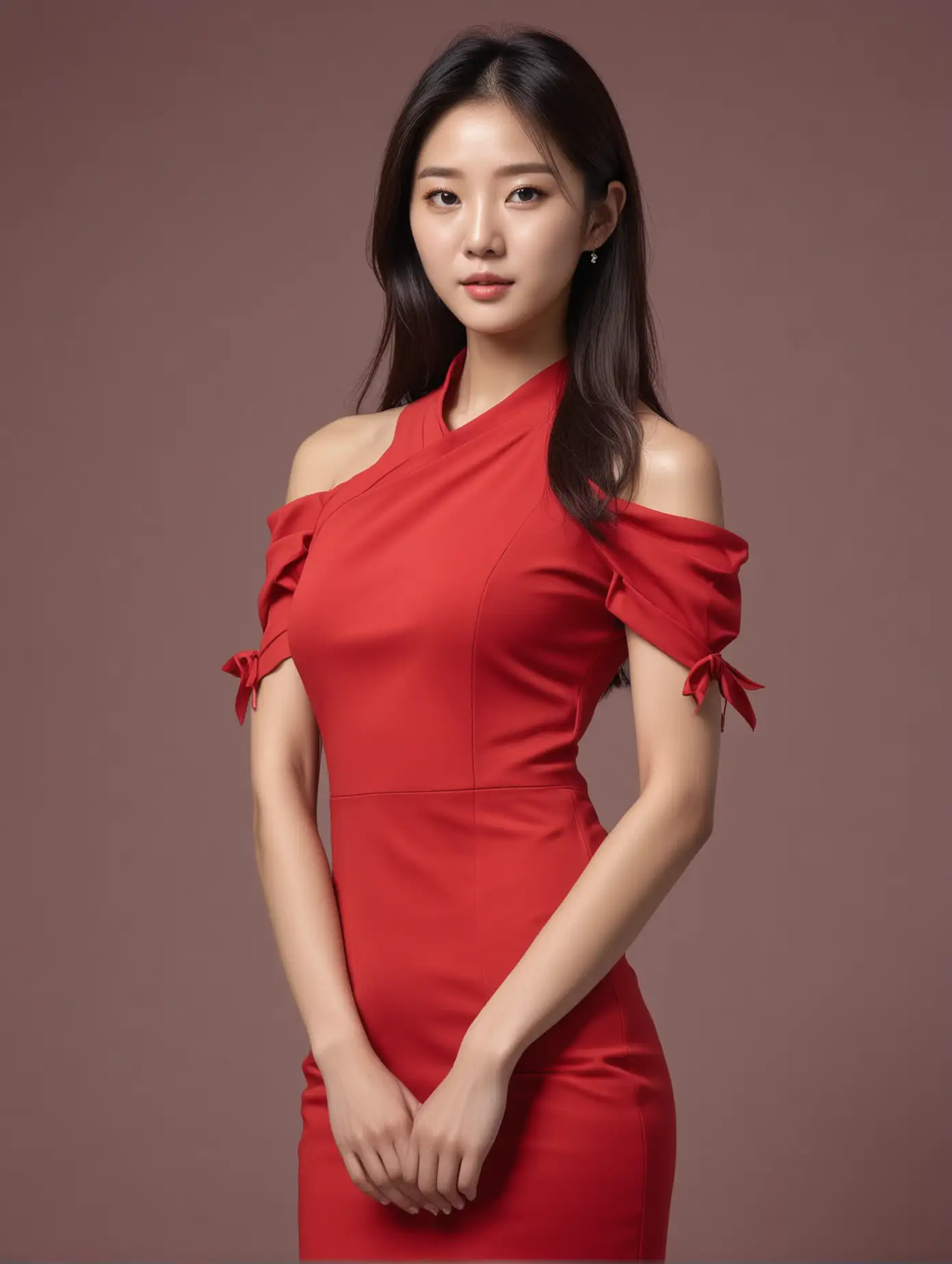 Elegant Korean Woman in Vibrant Red Dress Against Minimalist Backdrop