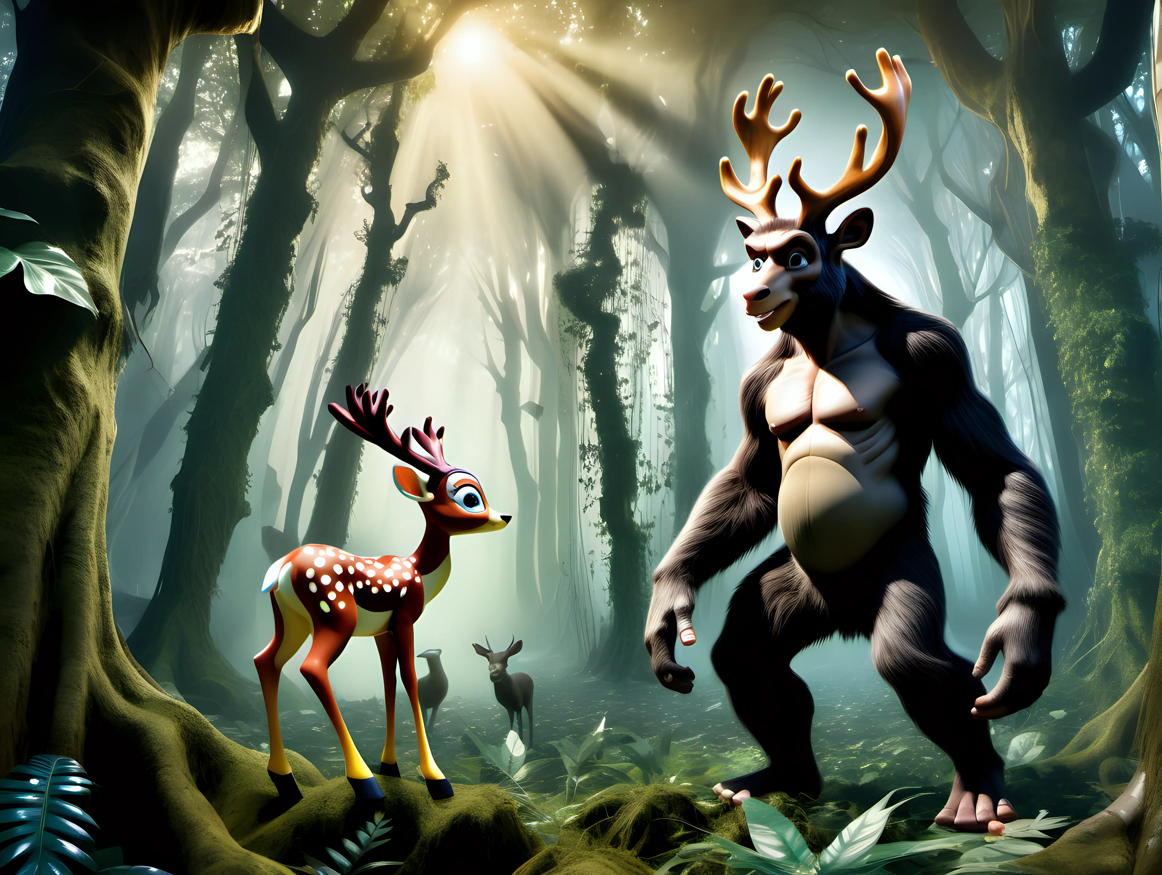 Bambi the deer King Kong in an enchanted forest