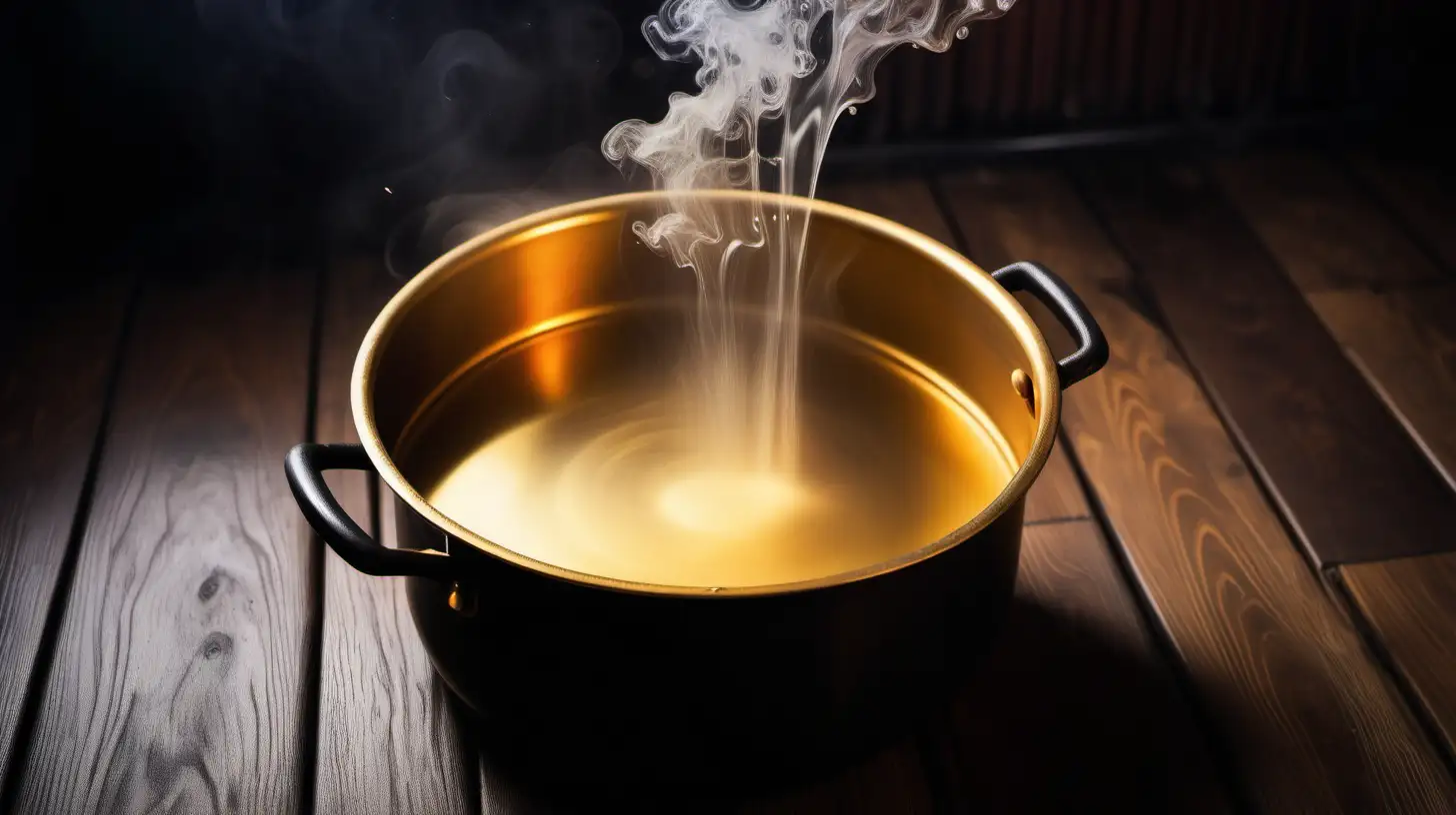 Boiling Water in Elegant Golden Pot on Wooden Surface