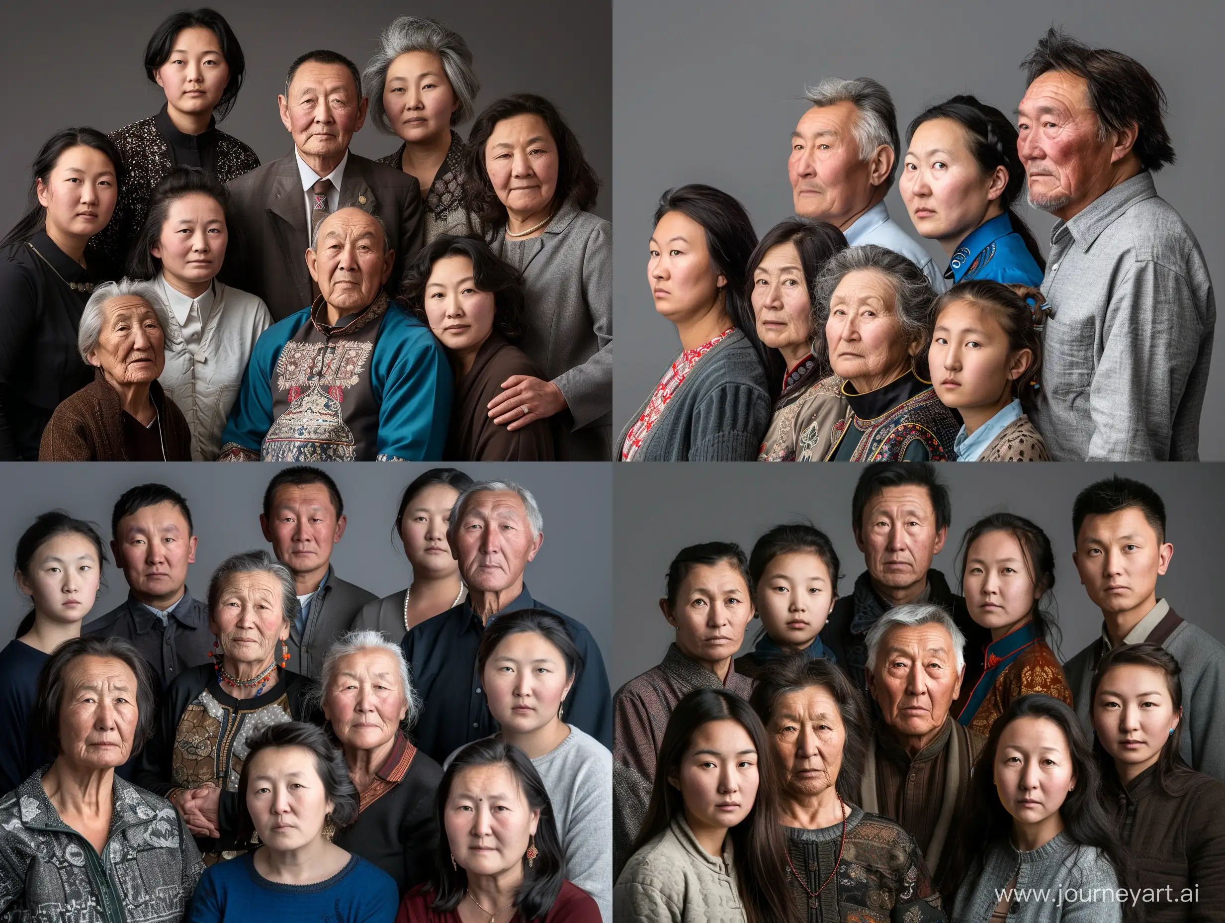 Photo of a family.  Mongolian parents in their 60s with 1 men and 6 women of various ages. They are facing / looking at the camera / viewer. The photograph is a studio portrait. It's daytime. The lighting is bright and clear.
