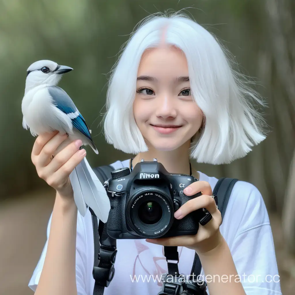 Девушка с слегка покрашеными белыми волосами держит в руке белую сойку, а другой рукой держит фотоаппарат и делает фото